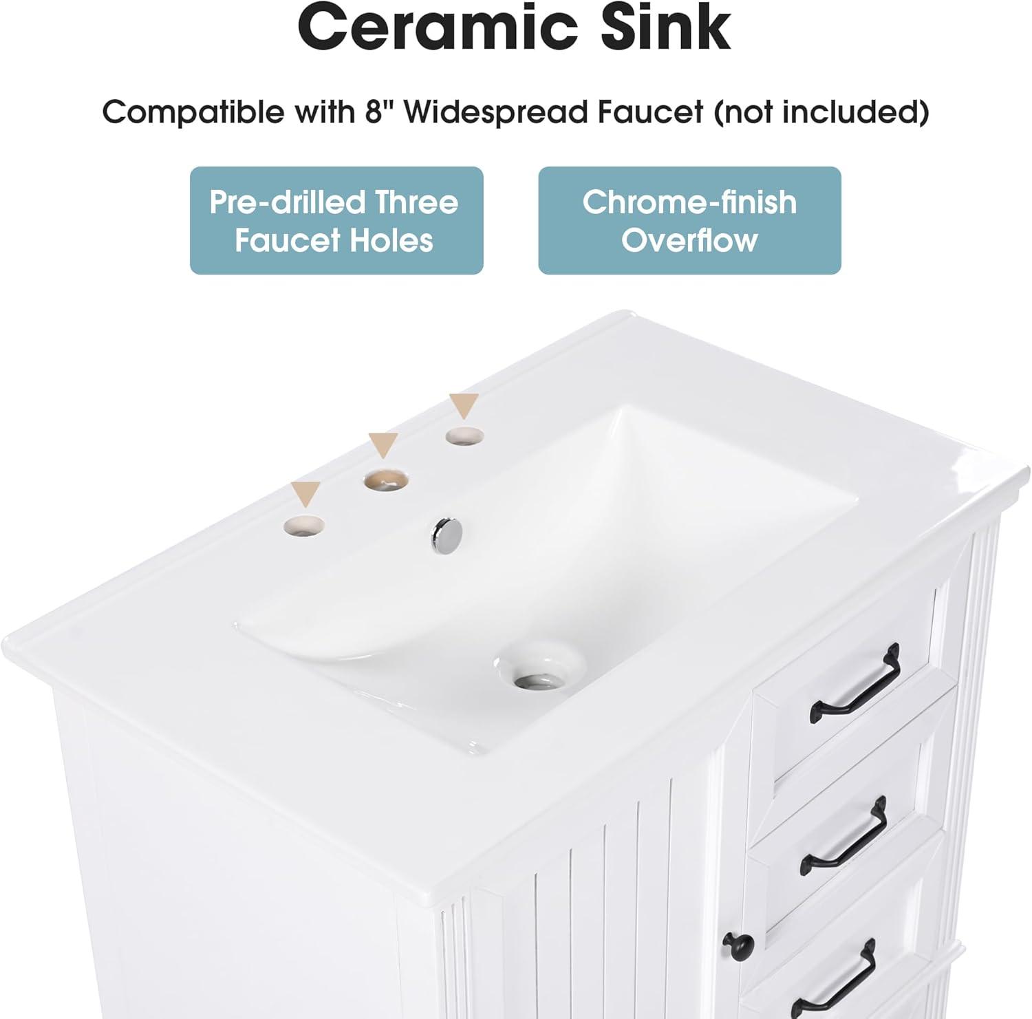 KEAIDO 30" Bathroom Vanity with Sink, Bathroom Storage Cabinet with 3 Drawers and a Door, Freestanding Bathroom Vanity with Solid Wood Legs & MDF Board