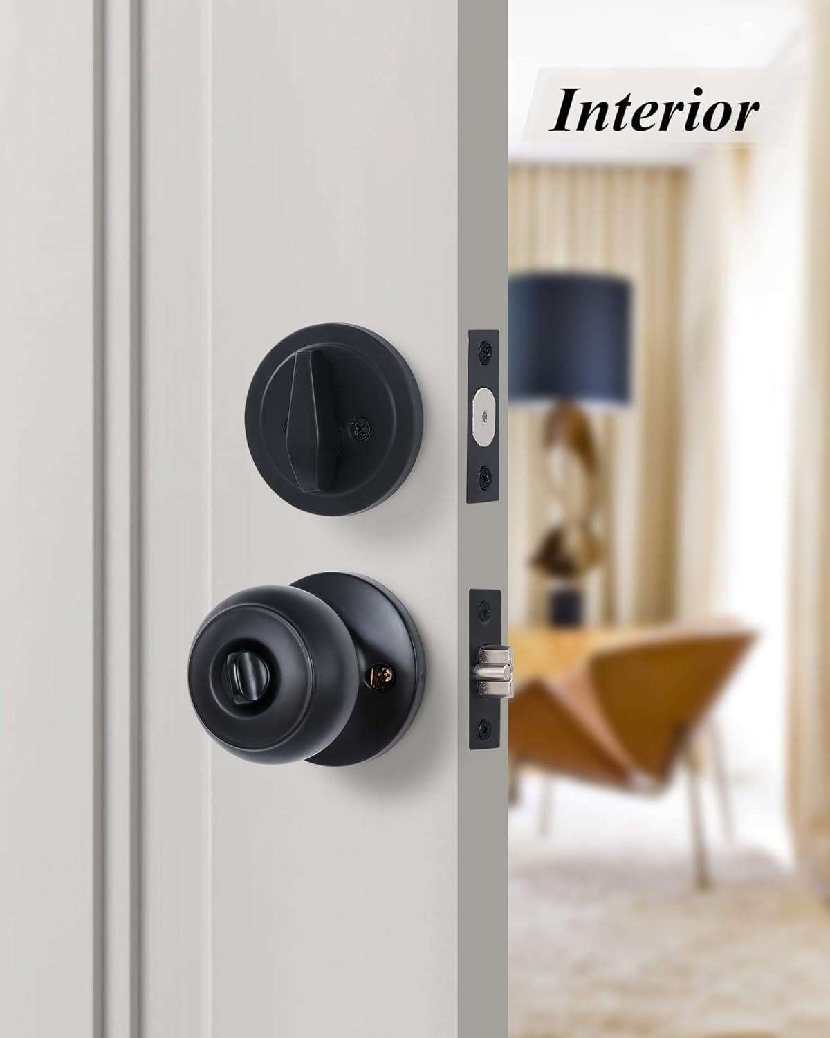 Matte Black Alloy Steel Round Door Knob Set with Deadbolt