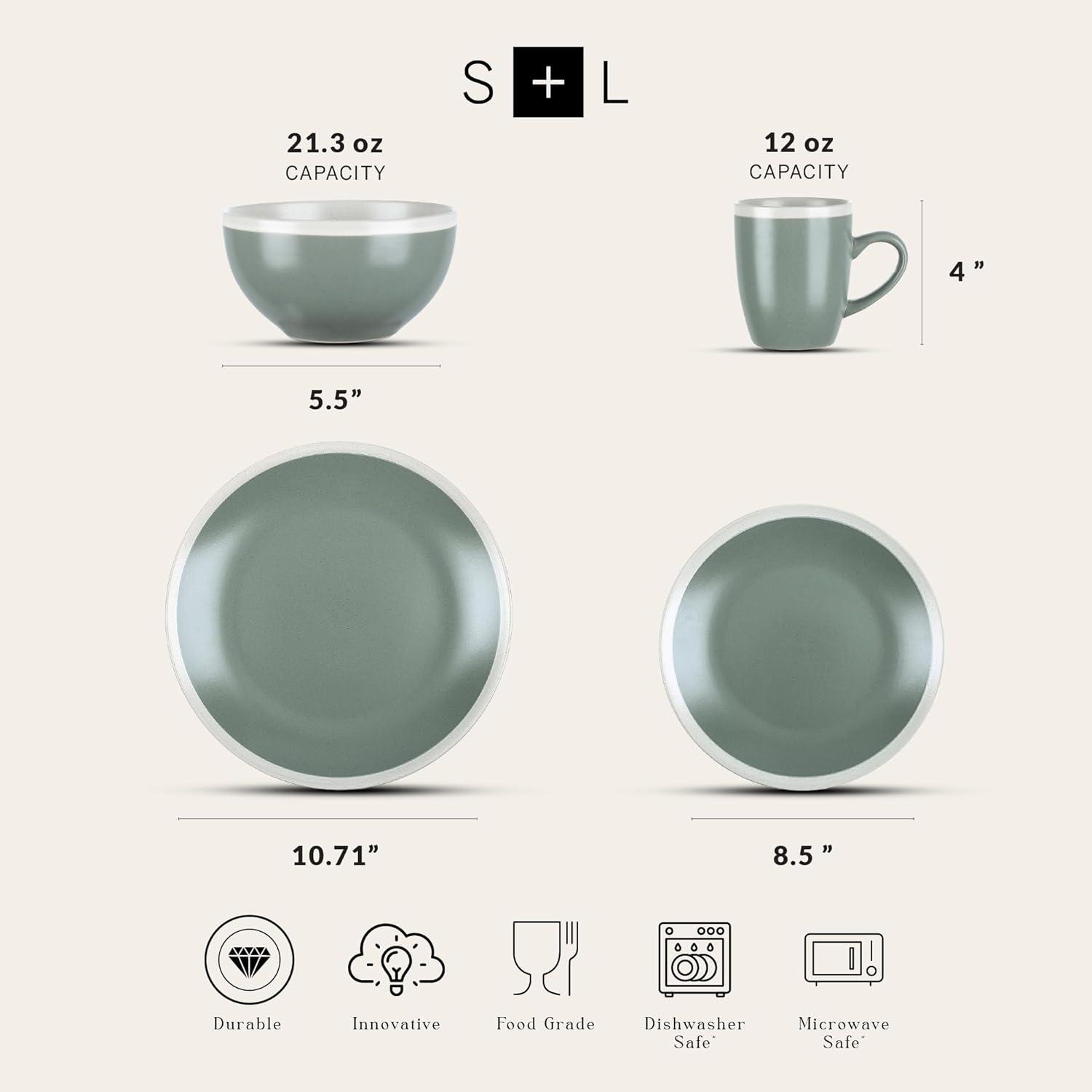 Stone Lain Serenity 16-Piece Stoneware Dinnerware Set, Service for 4, Green and Cream