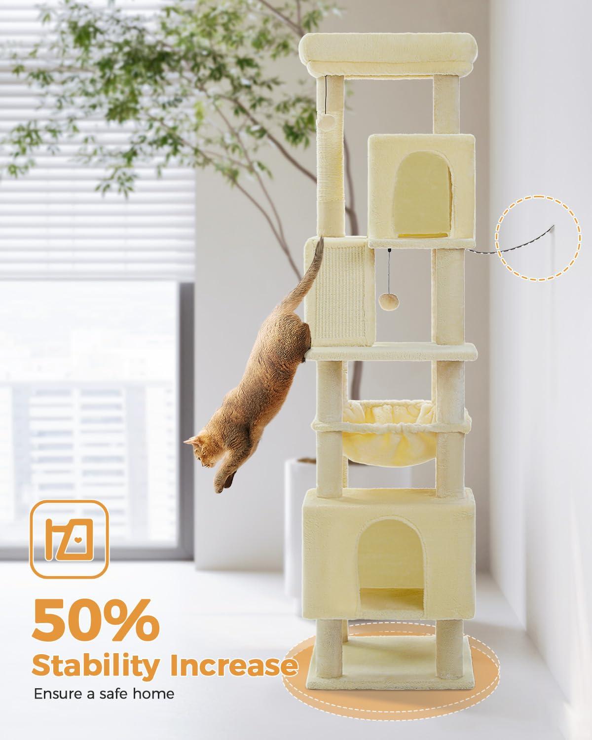 71" Indoor Tall Large Cat Tree Multi-Level Cat House With 2 Big Condo Pad Bed, Cozy Hammock And Scratching Posts