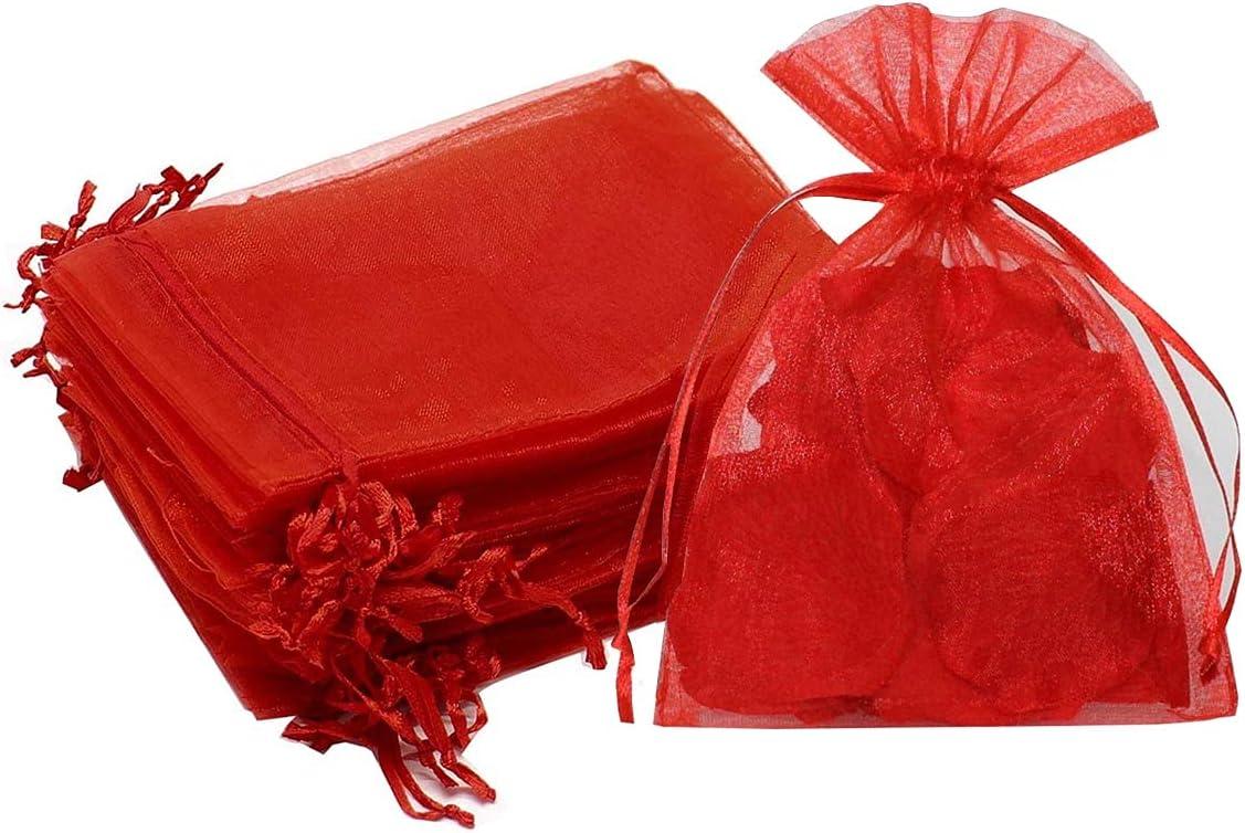 100PCS 4x6inch (10x15cm) Drawstring Organza Jewelry Favor Pouches Wedding Party Festival Gift Bags Candy Bags (Red)