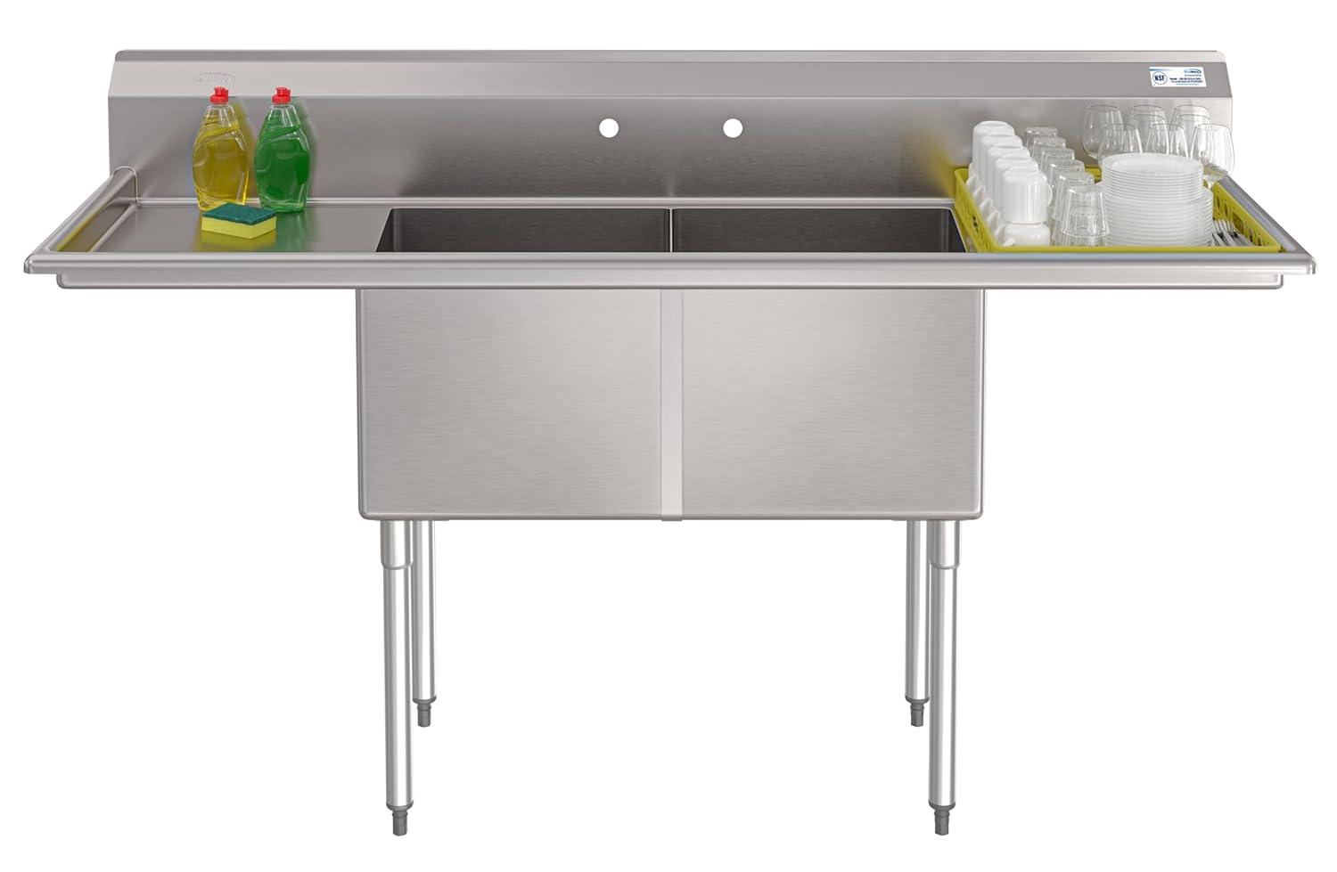 72 in. 16-Gauge Commercial Sink with Backsplash and Dual 18 in. Drainboards, Bowl Dimensions 18"x18"x14" in Stainless-Steel (KM-SB181814-18B316)