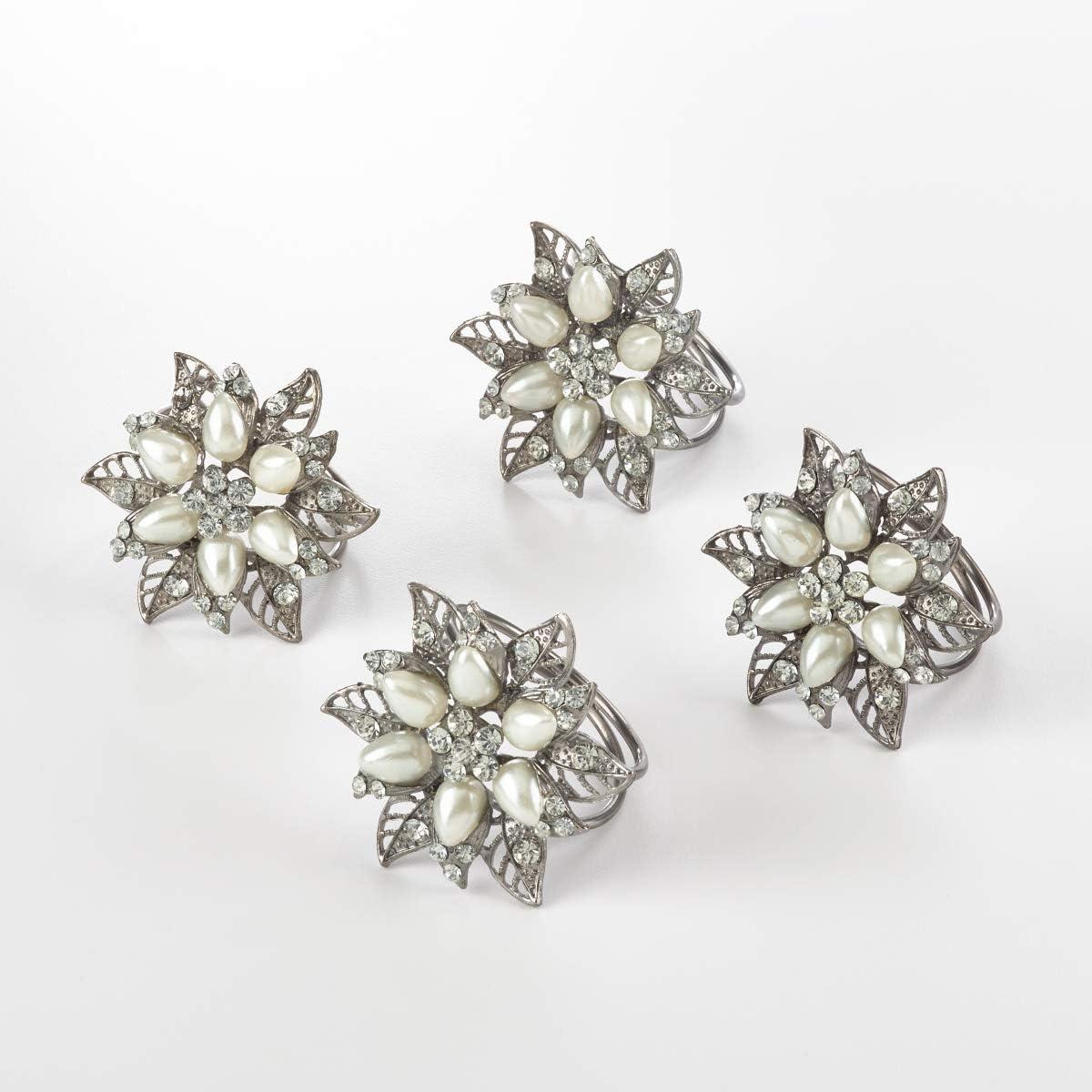 Silver Floral Bejeweled Napkin Rings Set of Four