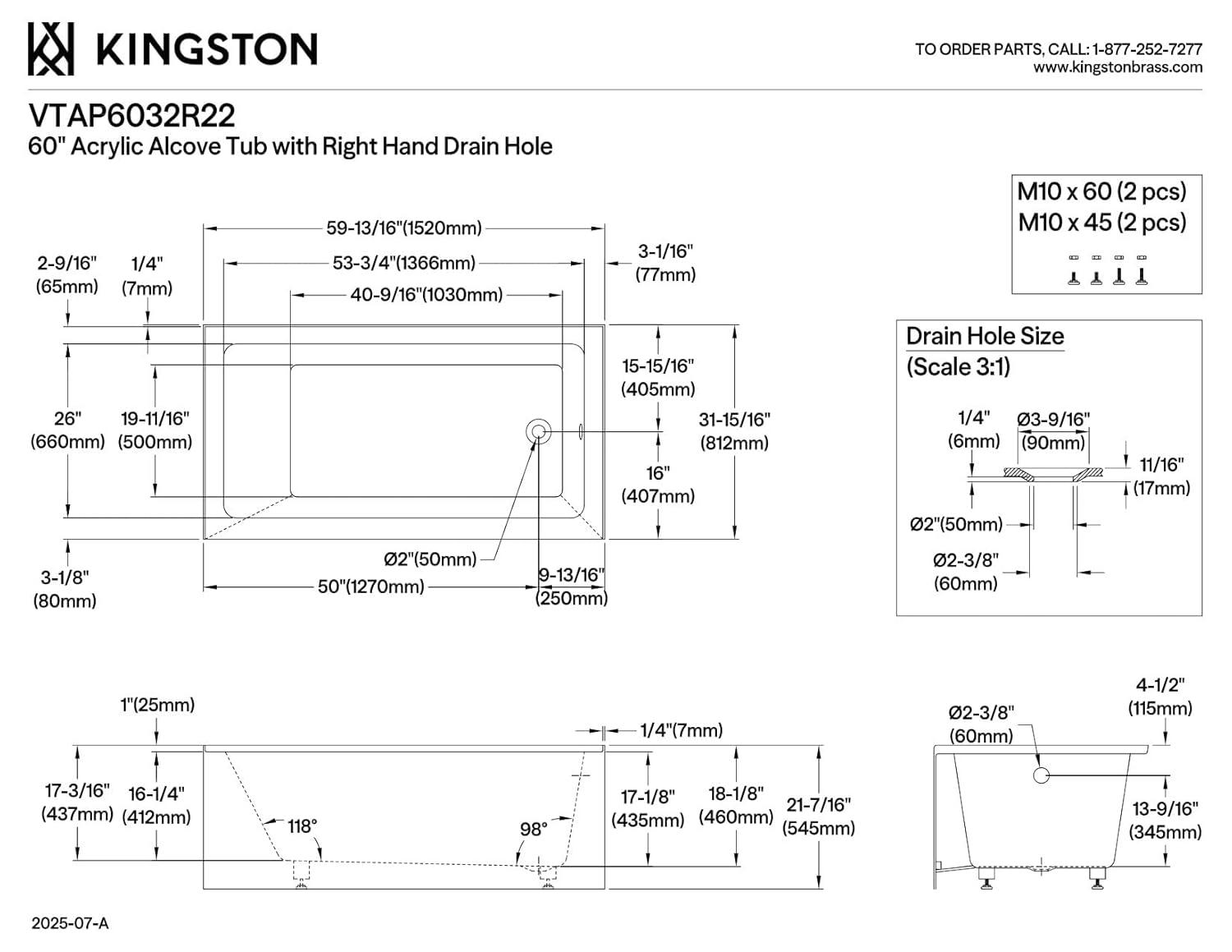 Kingston Brass Aqua Eden 60-Inch Acrylic Rectangular 3-Wall Alcove Tub, Hand Drain Hole