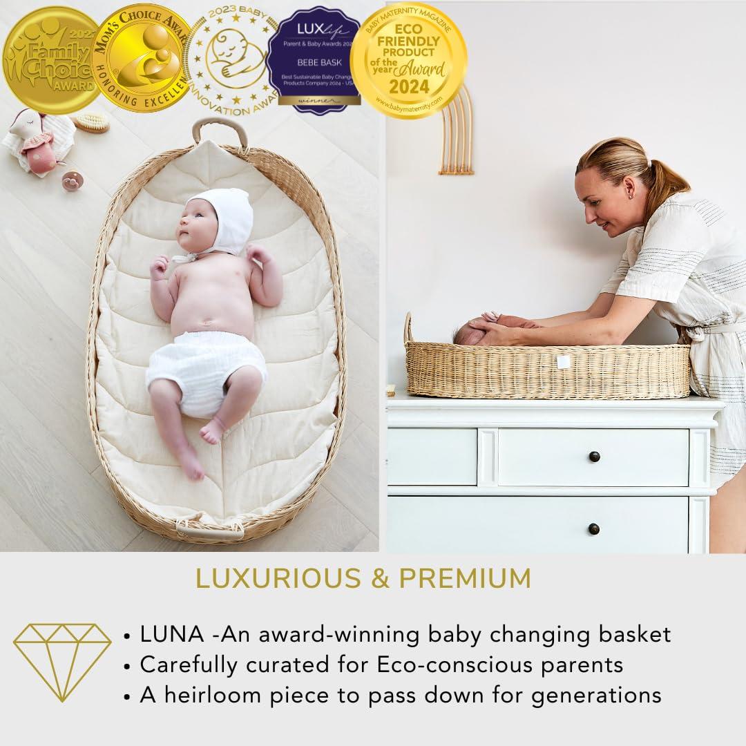Premium Baby Changing Basket - Artisan-Crafted Rattan with Extra High Sides - Wicker Changing Basket for Baby Dresser - All Accessories Included - Complete Set for Nursery (Rattan)