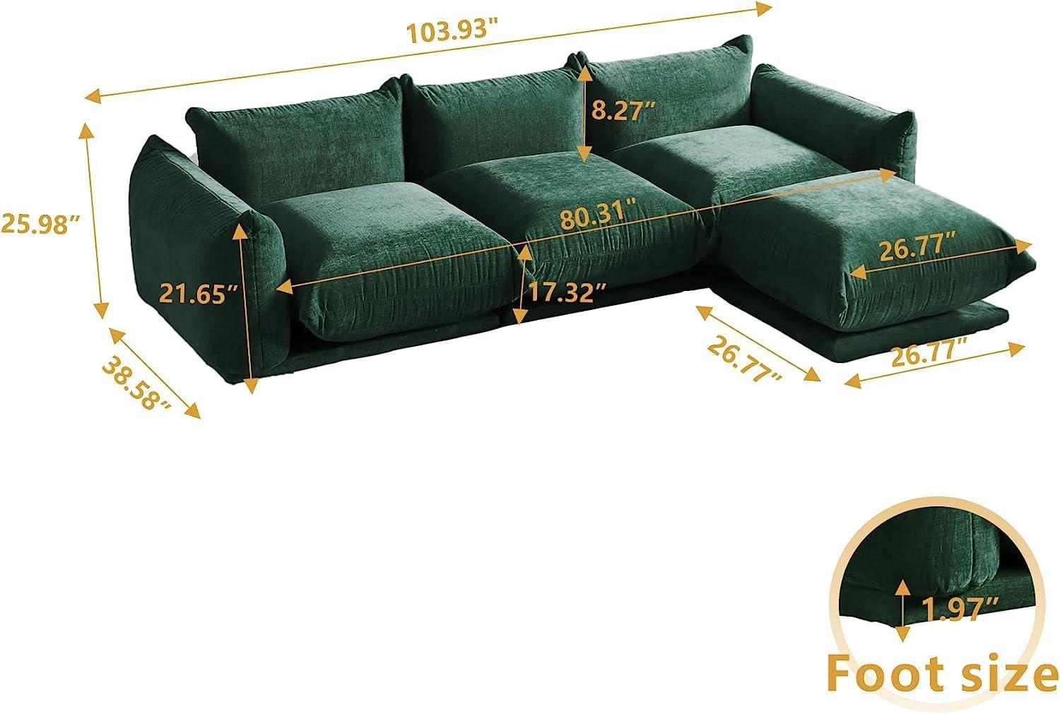 JACH Mid-Century Modern Comfy Couch, Chenille Sectional Sofa Modular Couches with Thick Cushion, 3 Seater 103" Plush Sofas Furniture for Living Room Bedroom Office Apartment, Green