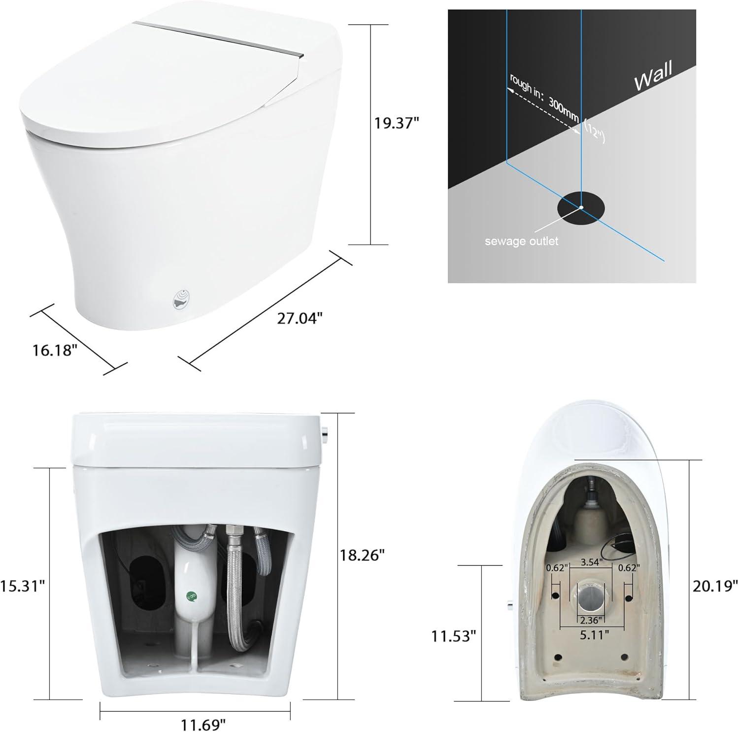 Smart Toilet Bidet Combo With Self-Cleaning Nozzle,Upmarket Compact Dual Flush Toilet 1/1.28 GPF,Tank Less Toilet With Foot Sensor Flush,White Night Light,Knob Control,Power Outage Flushing,Soft Close