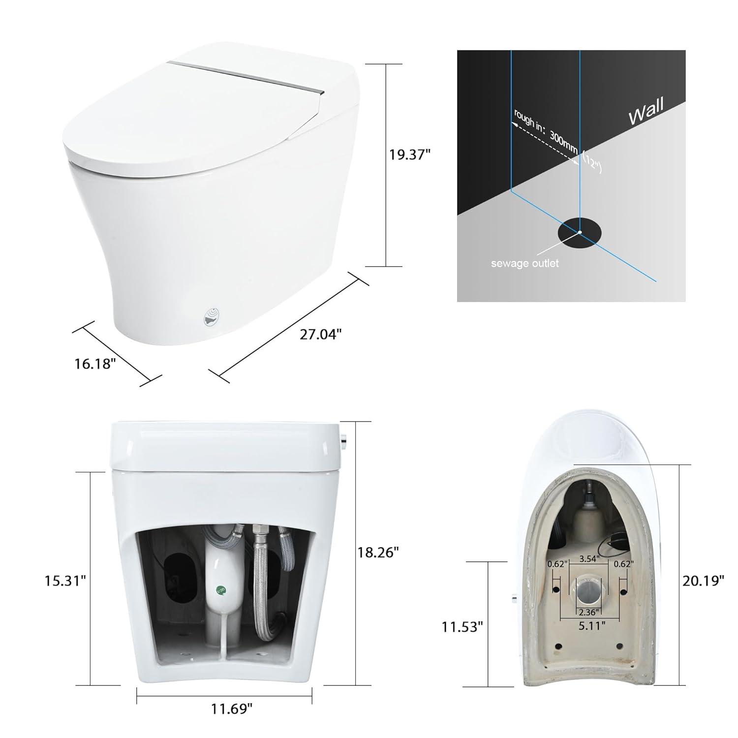 Smart Toilet Bidet Combo With Self-Cleaning Nozzle,Upmarket Compact Dual Flush Toilet 1/1.28 GPF,Tank Less Toilet With Foot Sensor Flush,White Night Light,Knob Control,Power Outage Flushing,Soft Close