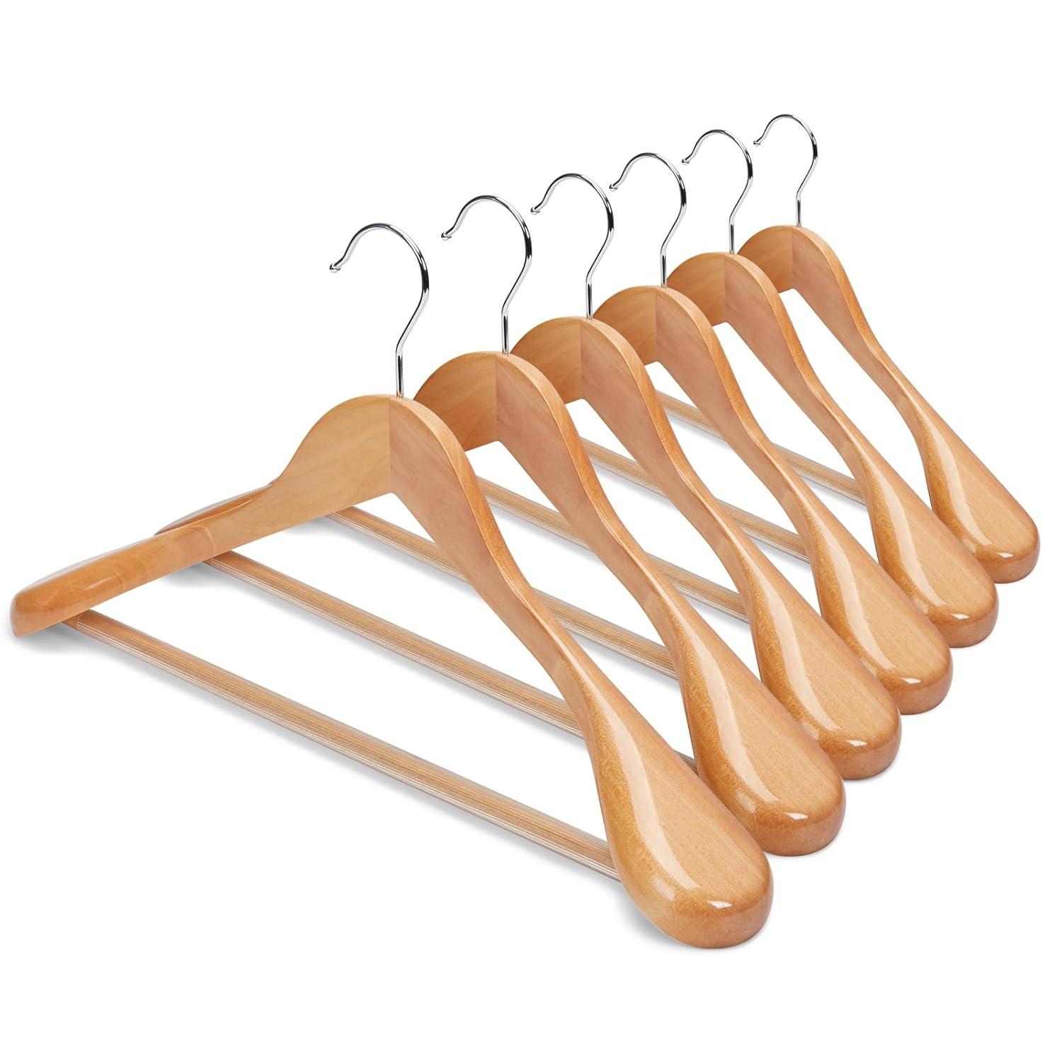 TOPIA HANGER Wide Shoulder Wooden Hangers, Suit Hangers with Non Slip Pants Bar & 360° Swivel Hook, Solid Wood Heavy Duty Coat Hanger, 6 Pack (Natural)-CT02NA