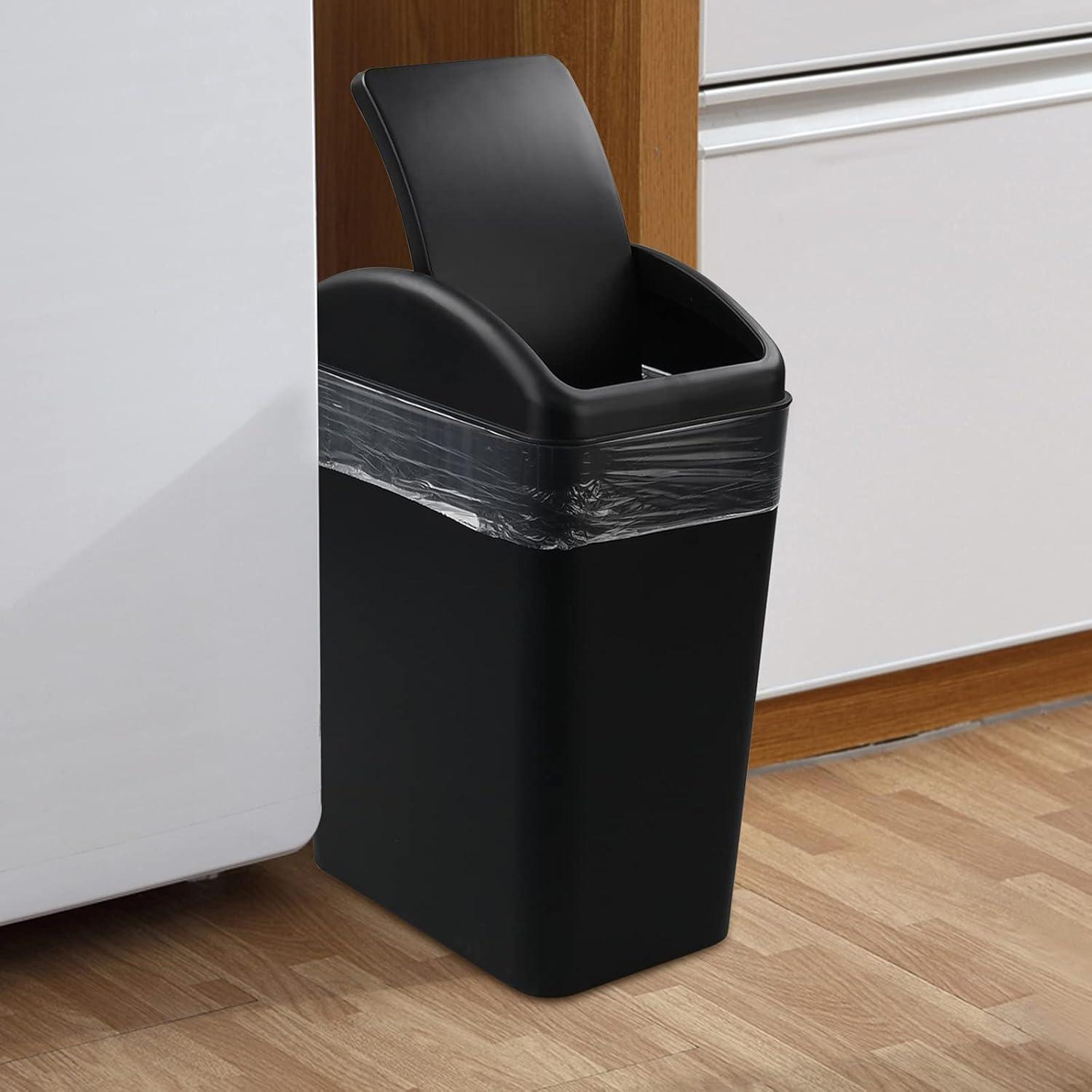 Black Rectangular Plastic Trash Can with Swing Lid