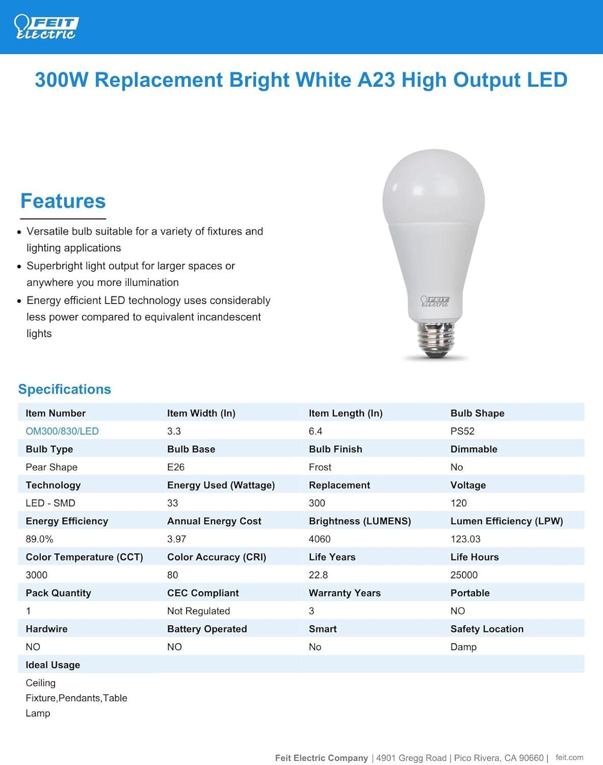 Bright White 300W Equivalent LED Bulb for Indoor Use