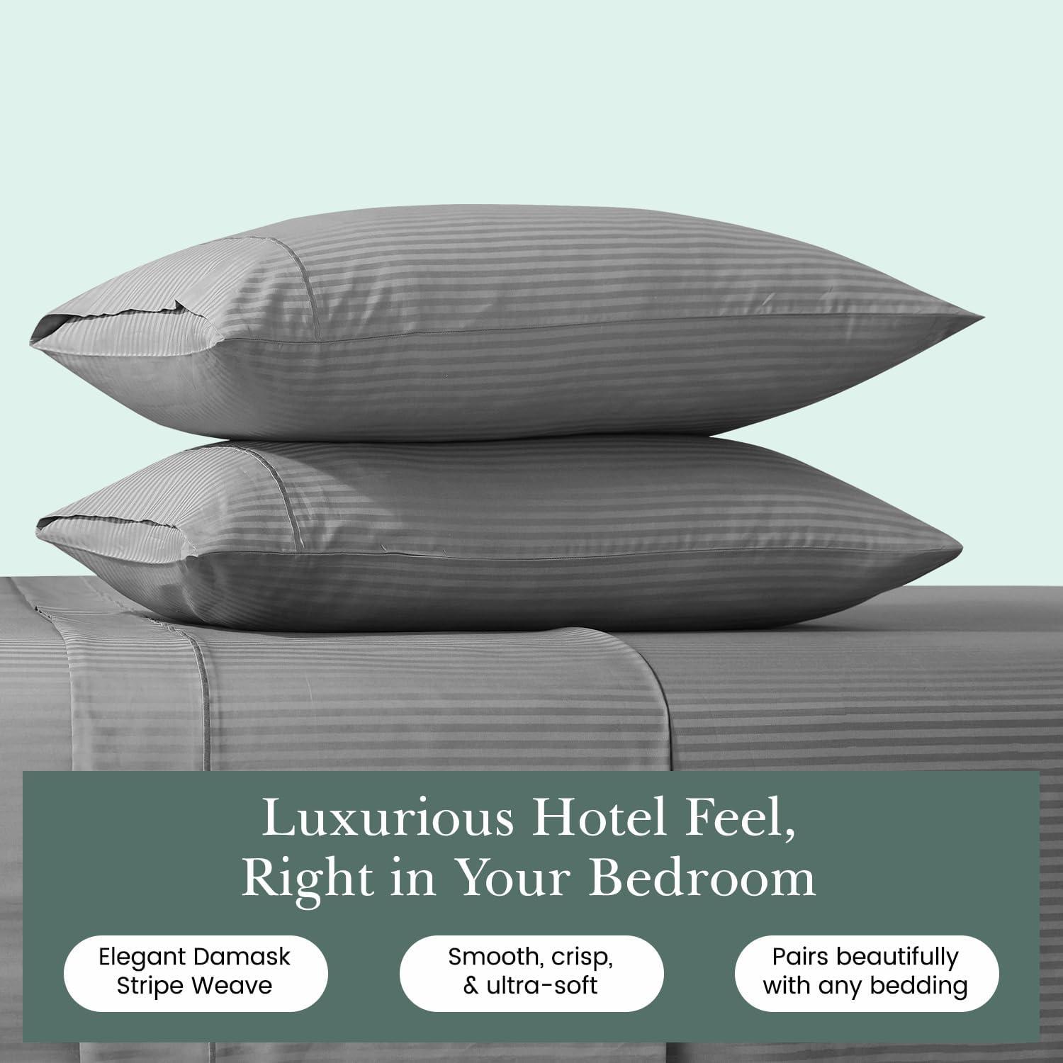 Feather & Stitch Pillow Covers Set of 2, Envelope Closure King Size Pillowcases, Soft Luxury 500 TC Damask Stripe Sateen Weave Pillow Case, 20x40 Inches - Grey
