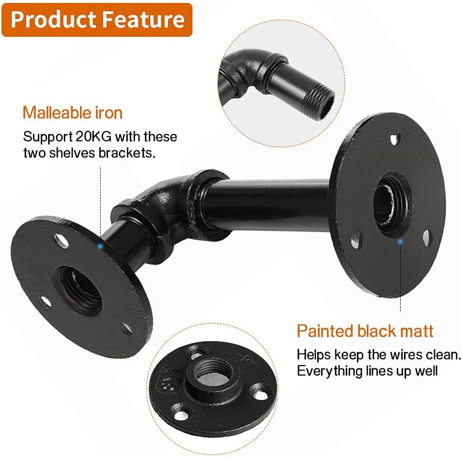 Industrial Pipe Shelf Brackets for 8 10 12 14 inches Board, Iron L Pipe Floating Shelves, Heavy Duty Metal Shelving Brackets - 6 Pack Black