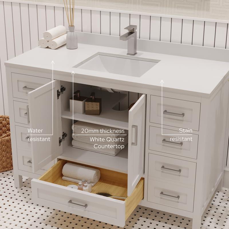 Ayna Decors Rooh 24 in White Bathroom Vanity Set with White Quartz Countertop | Ceramic Sink | 2 Soft Closing Doors | 1 Full Extention Soft Close Drawer | Brushed Nickel Hardware | AVR24WH3002