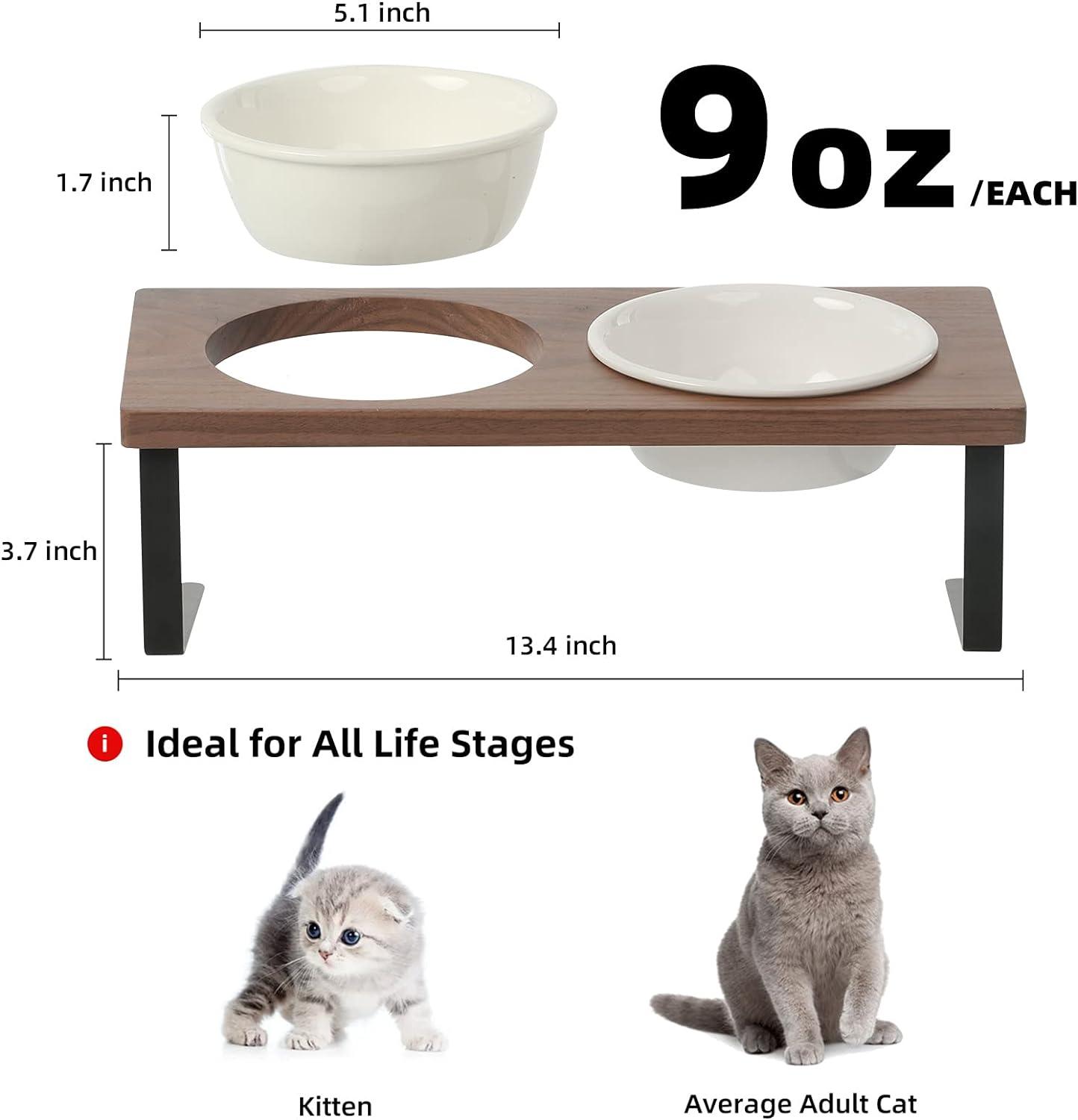 Elevated Cat Ceramic Bowls, Small Dog 15°Tilted Raised Food Feeding Dishes, Solid Walnut Water Stand Feeder Set for Cats and Puppy