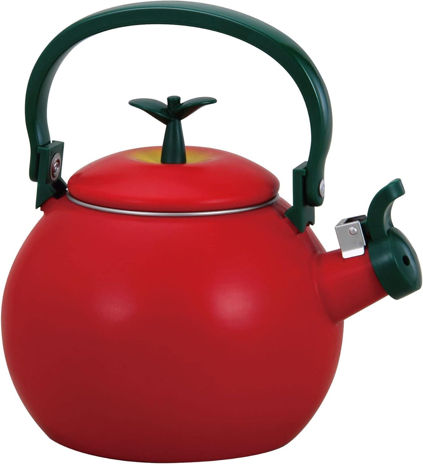 Red Enamel Whistling Tea Kettle with Green Handle, 1.6 Quart