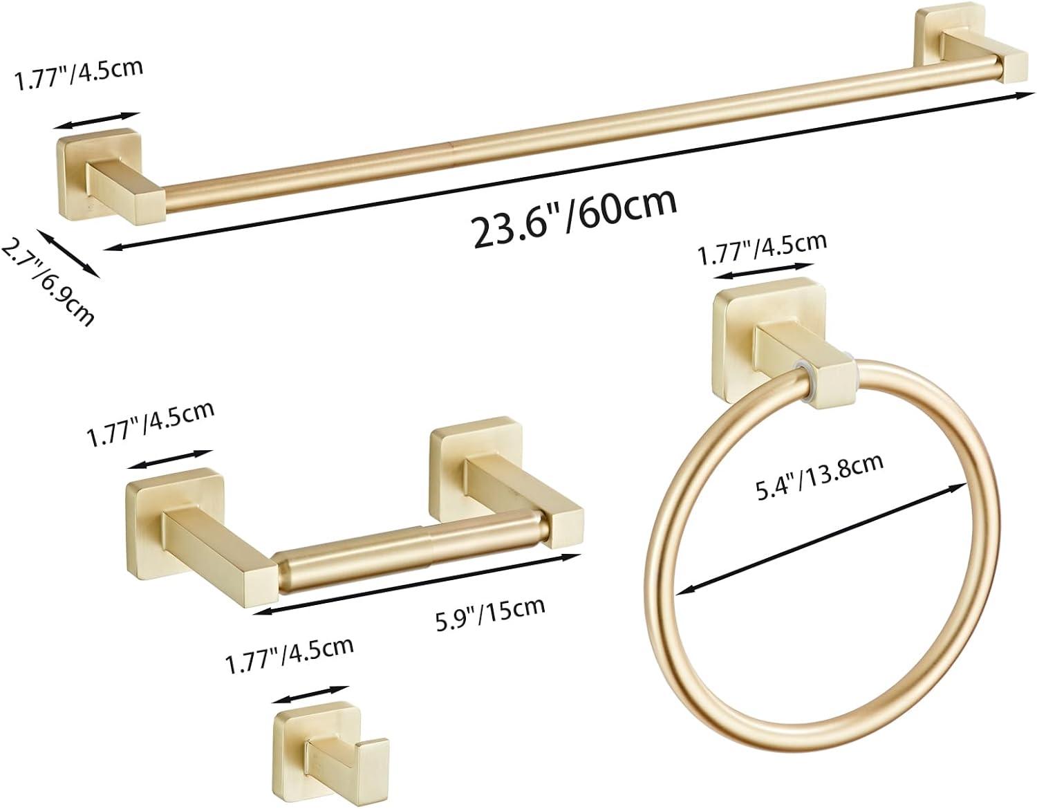Brusehd Light Gold Bathroom Hardware Set 4 Pieces,Bathroom Accessories Set Stainless Steel Wall Mounted, Hand Towel Bar, Towel Ring, Robe Towel Hooks,Toilet Paper Holder,Towel Bar Set, 23.6 Inch…