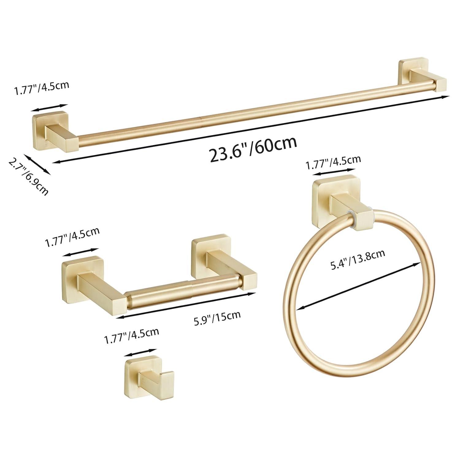 Brusehd Light Gold Bathroom Hardware Set 4 Pieces,Bathroom Accessories Set Stainless Steel Wall Mounted, Hand Towel Bar, Towel Ring, Robe Towel Hooks,Toilet Paper Holder,Towel Bar Set, 23.6 Inch…