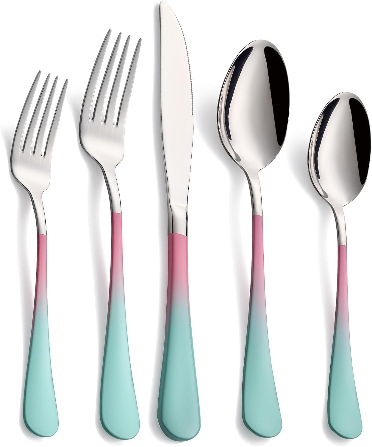 20-Pieces color Silverware Sets for 4,Pink and Green Handle Stainless Steel Cutlery Set, Include Forks Spoons and Knives Set, Dishwasher Safe Utensil Sets for Home Restaurant