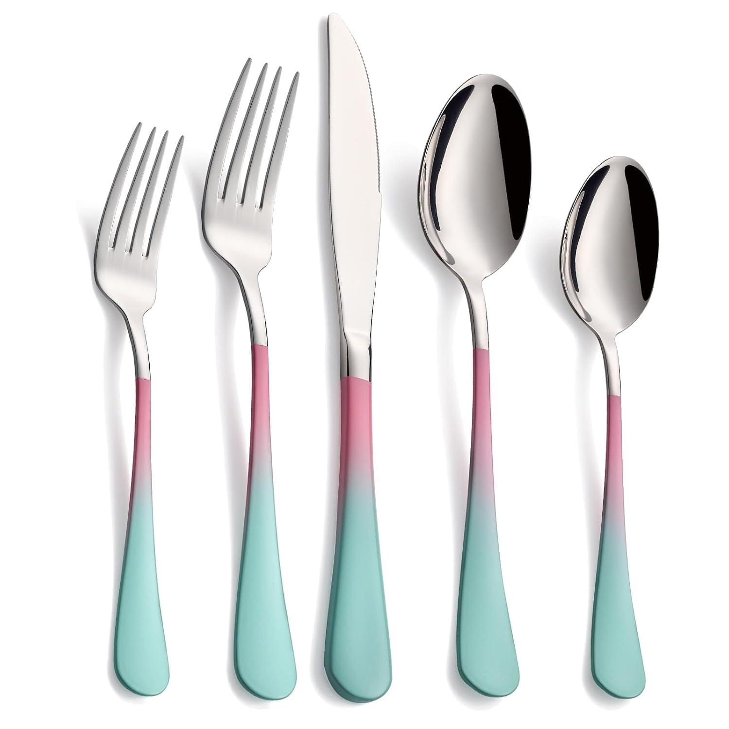 20-Pieces color Silverware Sets for 4,Pink and Green Handle Stainless Steel Cutlery Set, Include Forks Spoons and Knives Set, Dishwasher Safe Utensil Sets for Home Restaurant