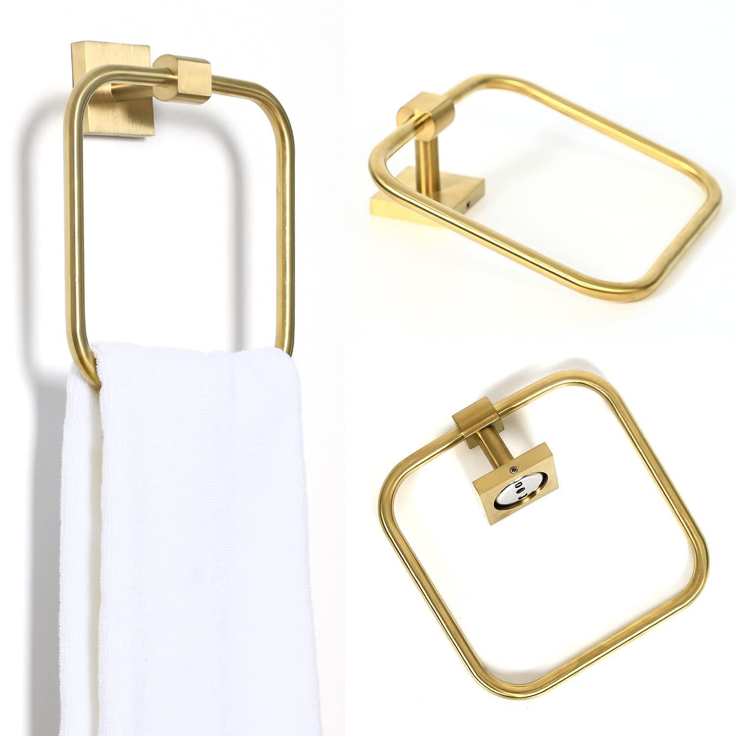 HouseAid Square Hand Towel Ring for Bathroom Stainless Steel Towel Holder Modern Hand Towel Hanger Wall Mounted Brushed Gold