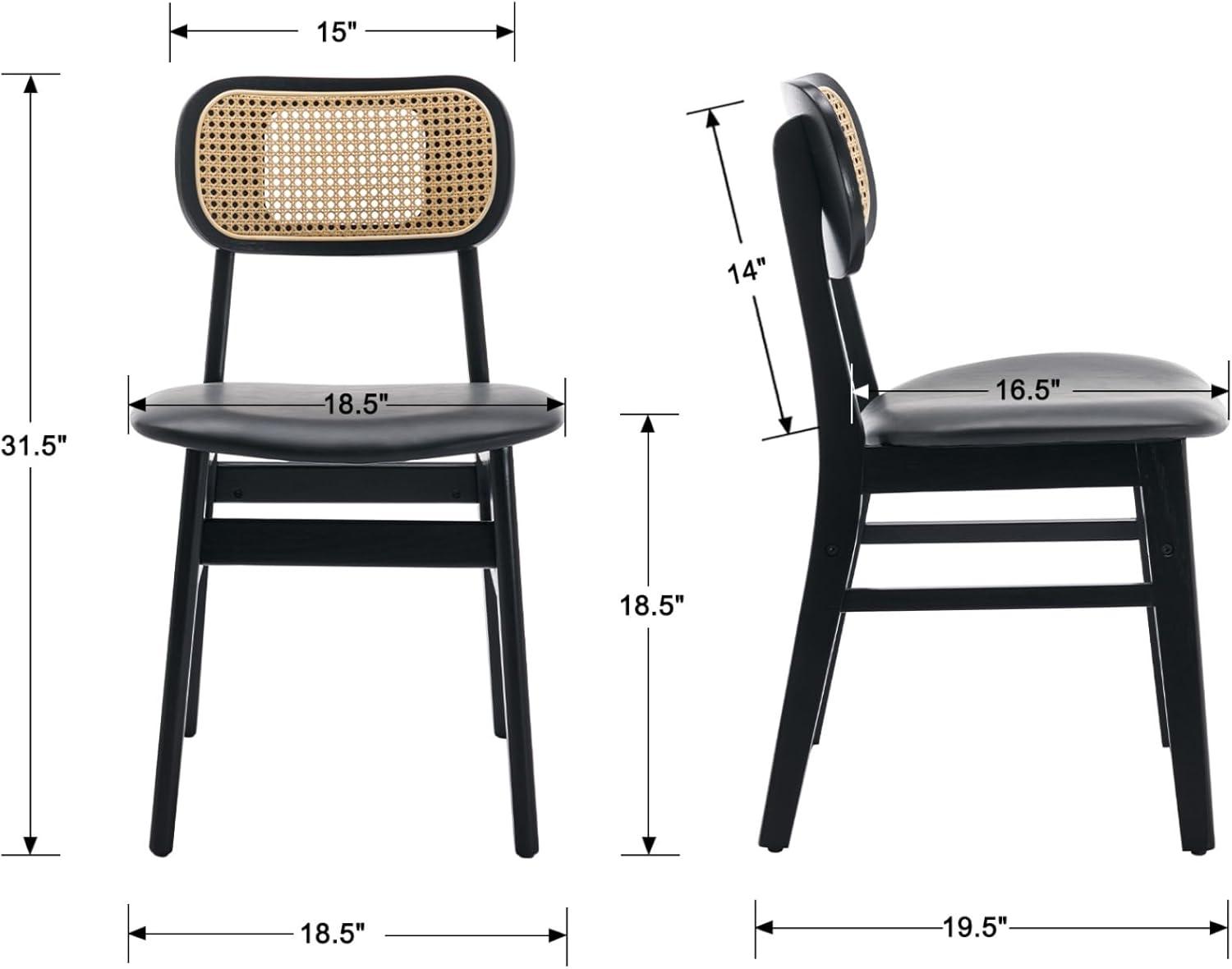 Upholstered Faux Leather Seat Rattan Back Dining Chair, Solid Wood Frame Side Chair For Living Room