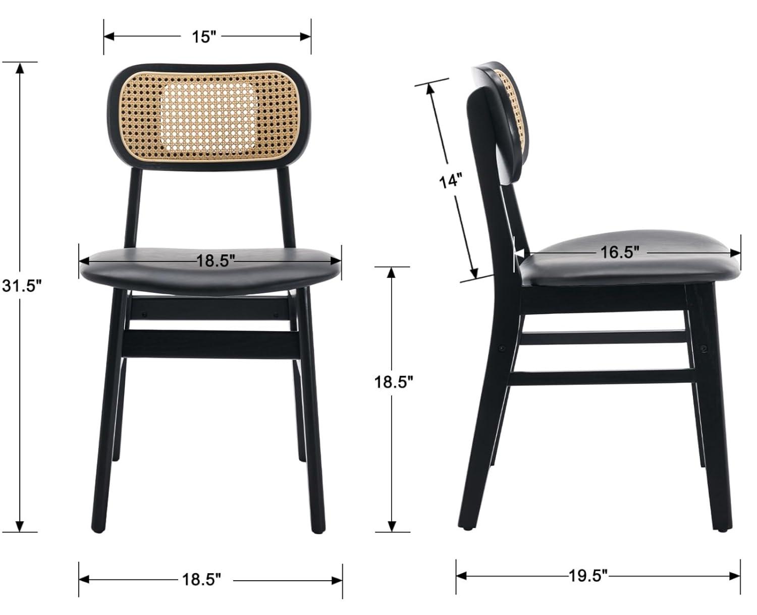 Upholstered Faux Leather Seat Rattan Back Dining Chair, Solid Wood Frame Side Chair For Living Room