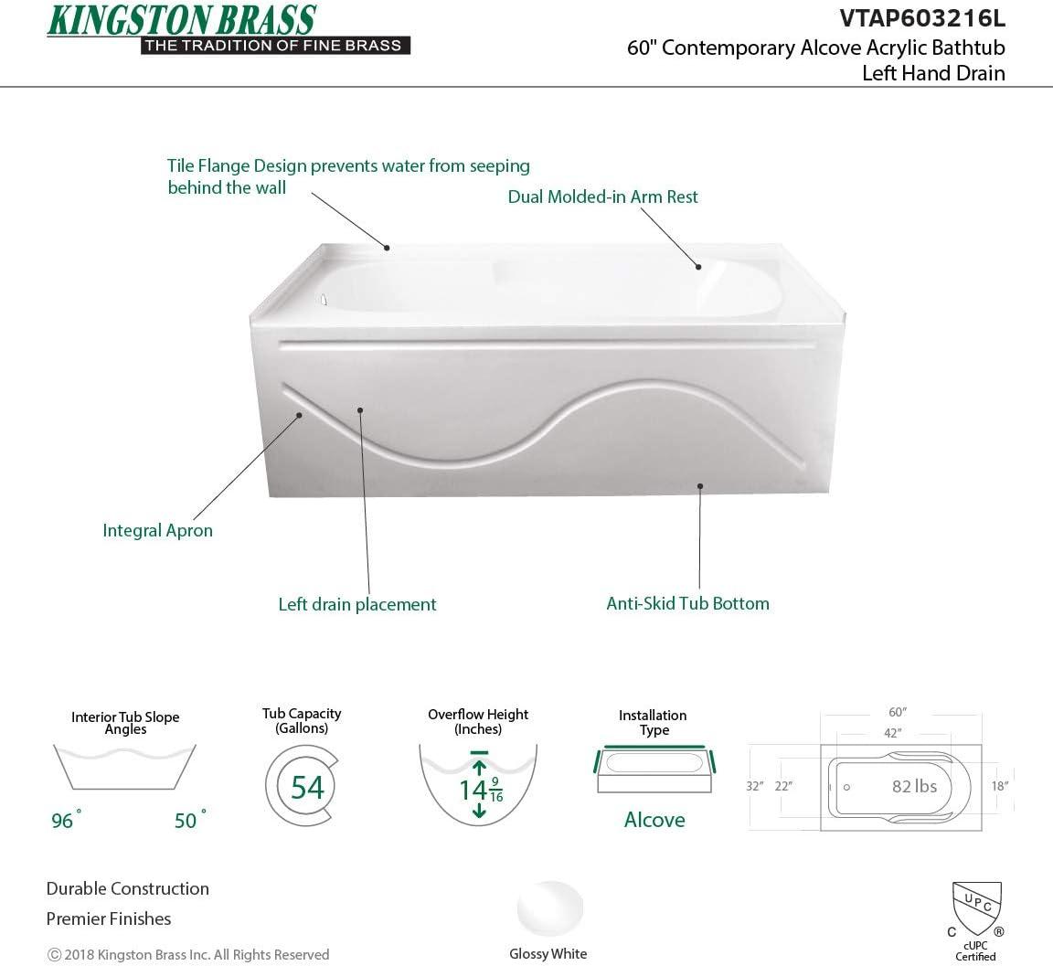 Kingston Brass Aqua Eden 60-Inch Acrylic Rectangular 3-Wall Alcove Tub with Anti Skid and Drain Hole