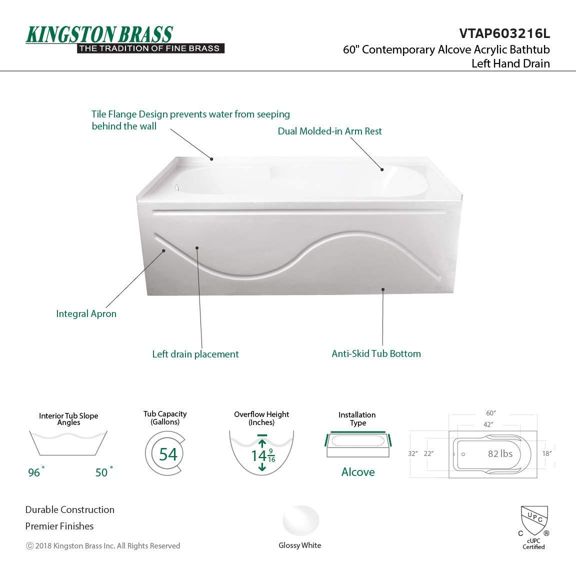 Kingston Brass Aqua Eden 60-Inch Acrylic Rectangular 3-Wall Alcove Tub with Anti Skid and Drain Hole