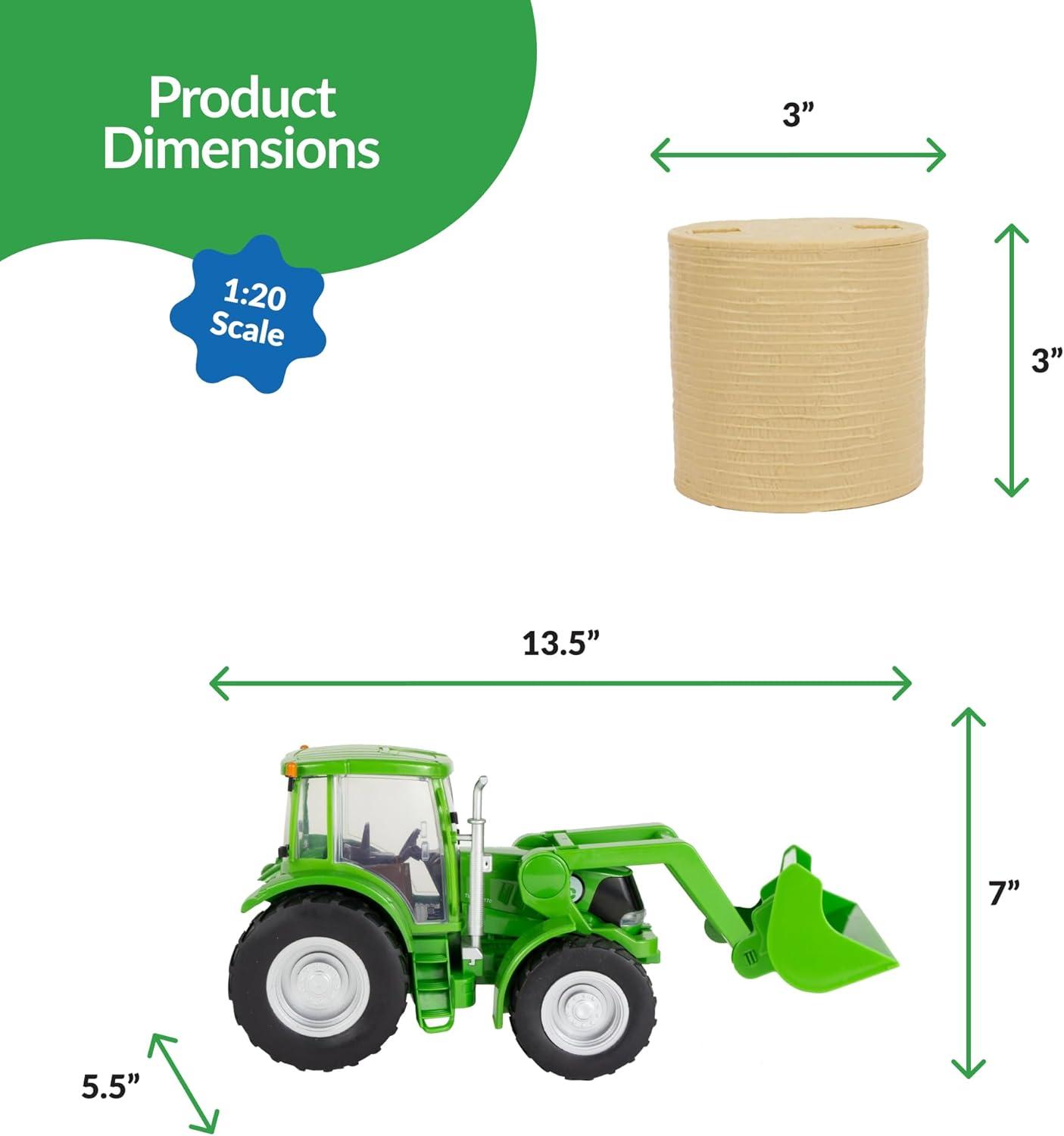 Big Country Toys Tractor & Implements, 1:20 Scale, Toy Tractor with Hay Bale and Bucket Attachment, Working Doors, Green, Ages 3 and Up…