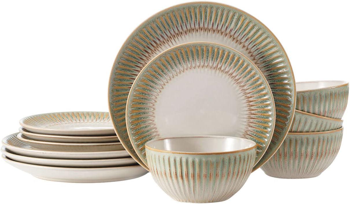 Hensley Green and White 12-Piece Stoneware Dinnerware Set for 4