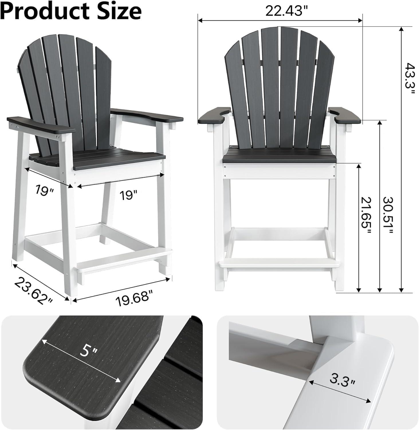 Outdoor Tall Adirondack Chair, Patio Bar Stool Chair with High Back, 400lbs, Widened Arms, All-Weather Balcony Chair for Backyard, Garden, Yard (1 PC)
