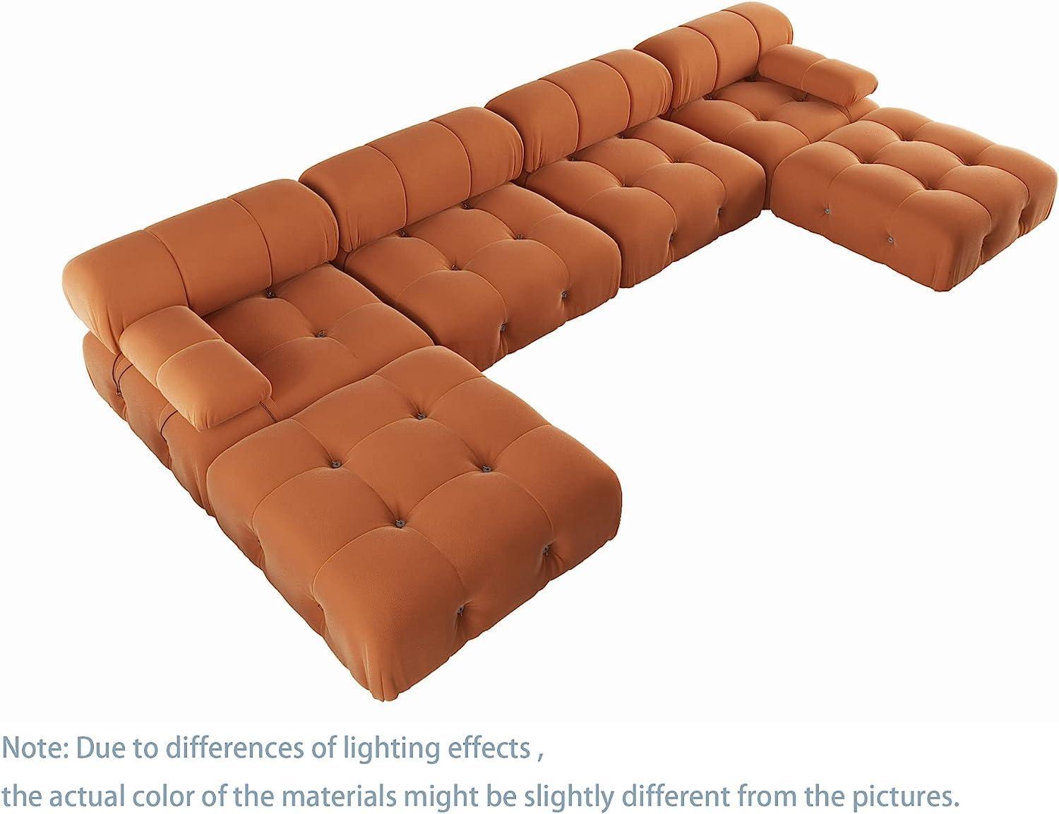 138'' Orange Velvet U-Shaped Sectional Sofa with Ottoman