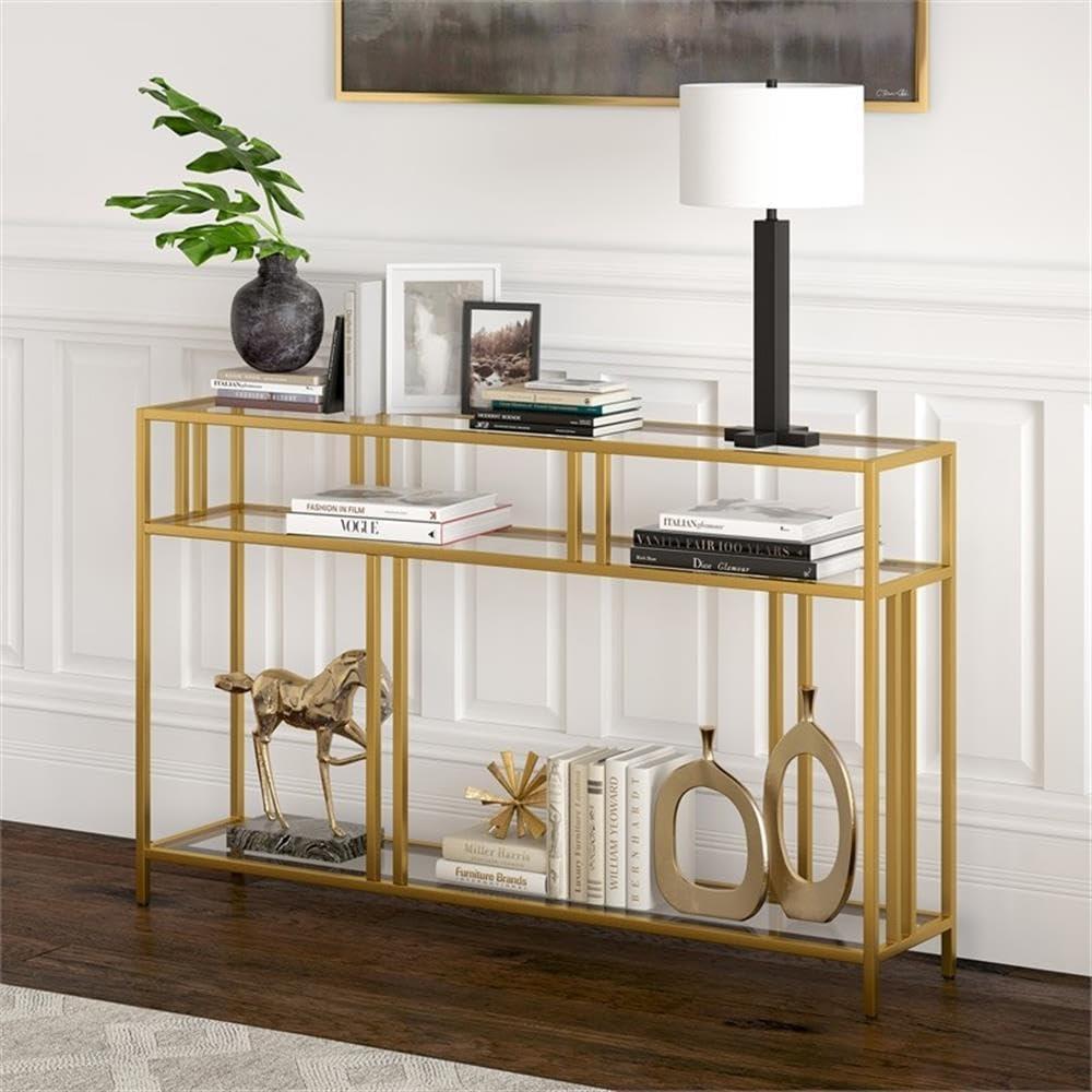 Evelyn&Zoe Cortland 48" Wide Rectangular Console Table with Glass Shelves, Brass