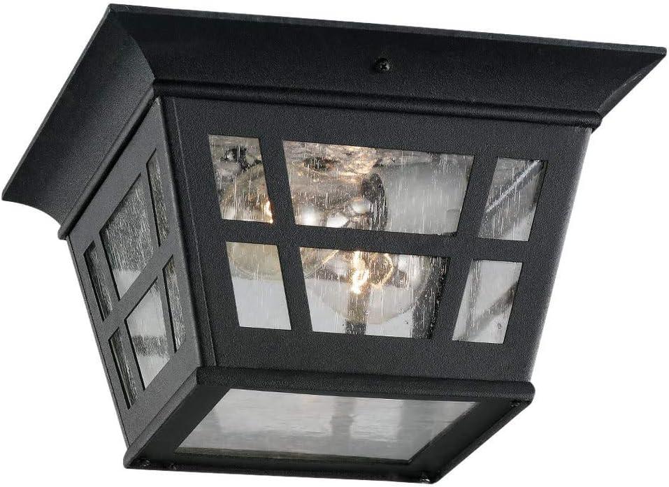 Herrington Transitional Black Outdoor Ceiling Flush Mount with Clear Seeded Glass