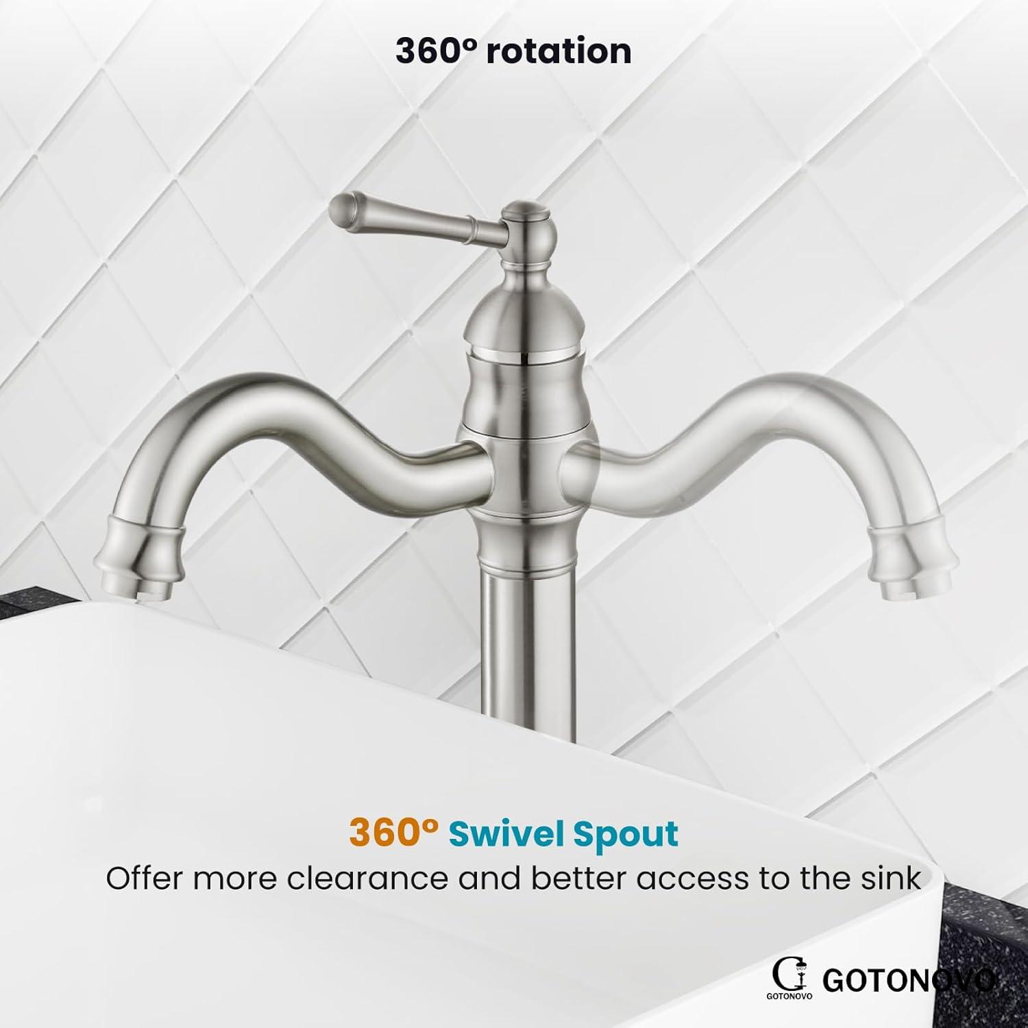 gotonovo Single Handle Vessel Sink Faucet 360° Swivel Bathroom Faucet One Hole Farmhouse Lavatory Vanity Faucet Bowl Sink Mixer Tap Without Pop Up Drain, Brushed Nickel