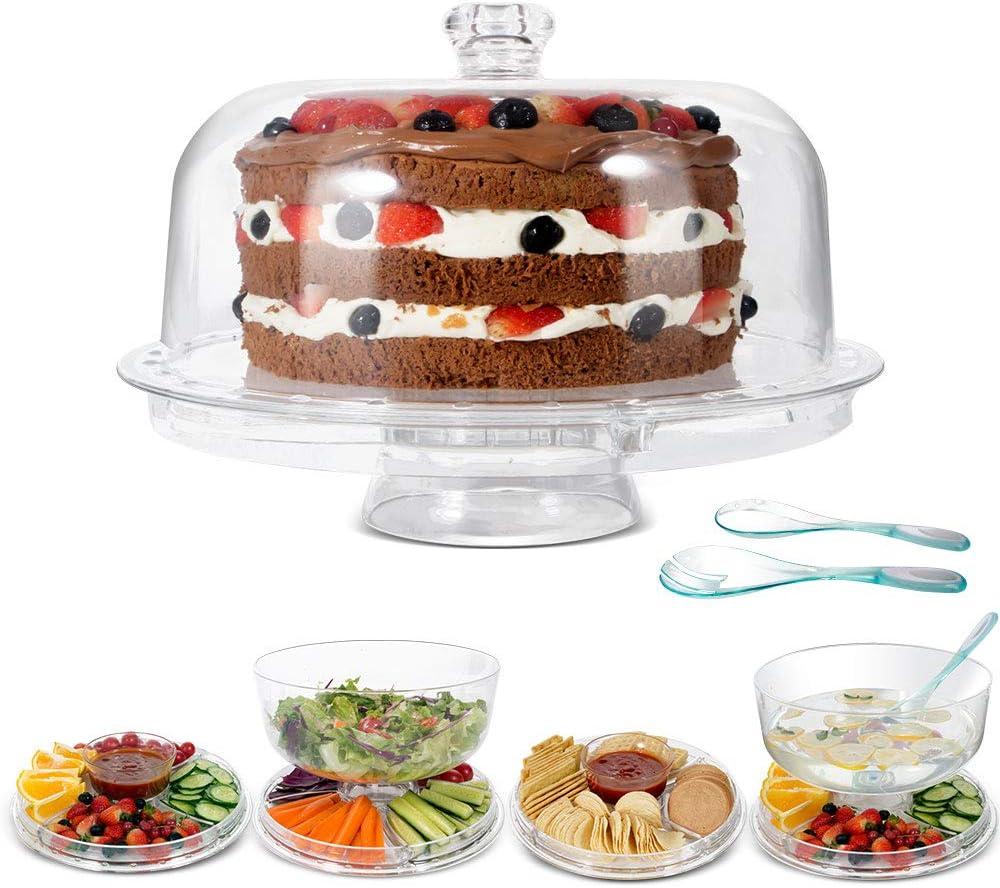 MASTERTOP Cake Stand with Dome Cover - 6 in 1 Cake Stand with Lid, Multi-Functional Wood Serving Platter/Cake Plate/Salad Bowl/Nachos/Punch Bowl, Wedding Cake Stands for Dessert Table
