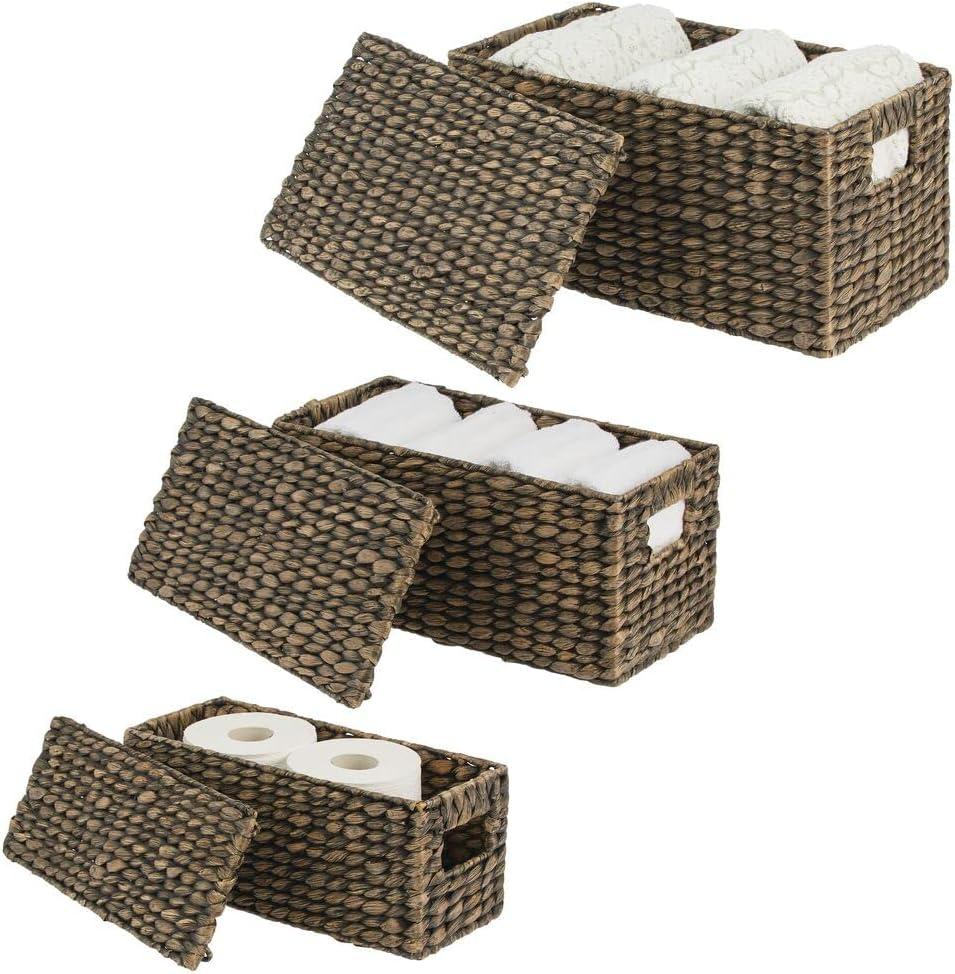 mDesign Woven Water Hyacinth Storage Basket, Lid/Handles, Set of 3