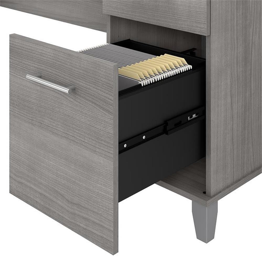 Platinum Gray L-Shaped Wood Desk with Drawer and Keyboard Tray