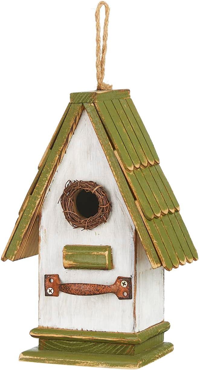 10.5" Hand Painted Distressed Wood Birdhouse with Green Roof