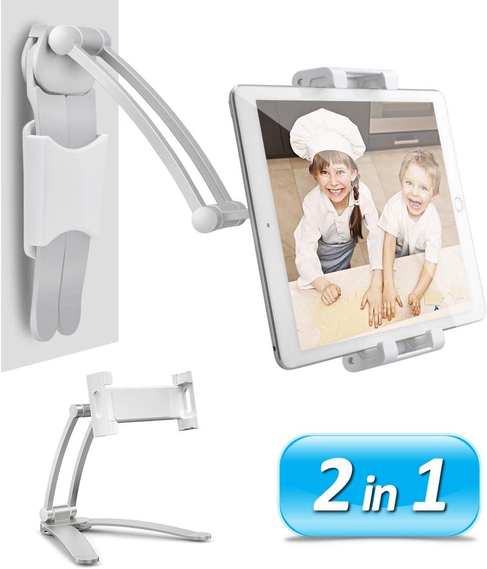 2 in 1 Kitchen Cabinet Tablet Holder, Wall Mount Desktop Stand for 12.9 Aluminum Alloy Metal Adjustable Multiangle Foldable Universal Phone Tablet Bracket Cooking Table Counter Top (Silver)