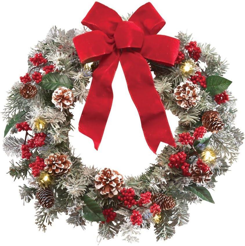 Lighted Frosted Pine Winter Wreath with Red Bow