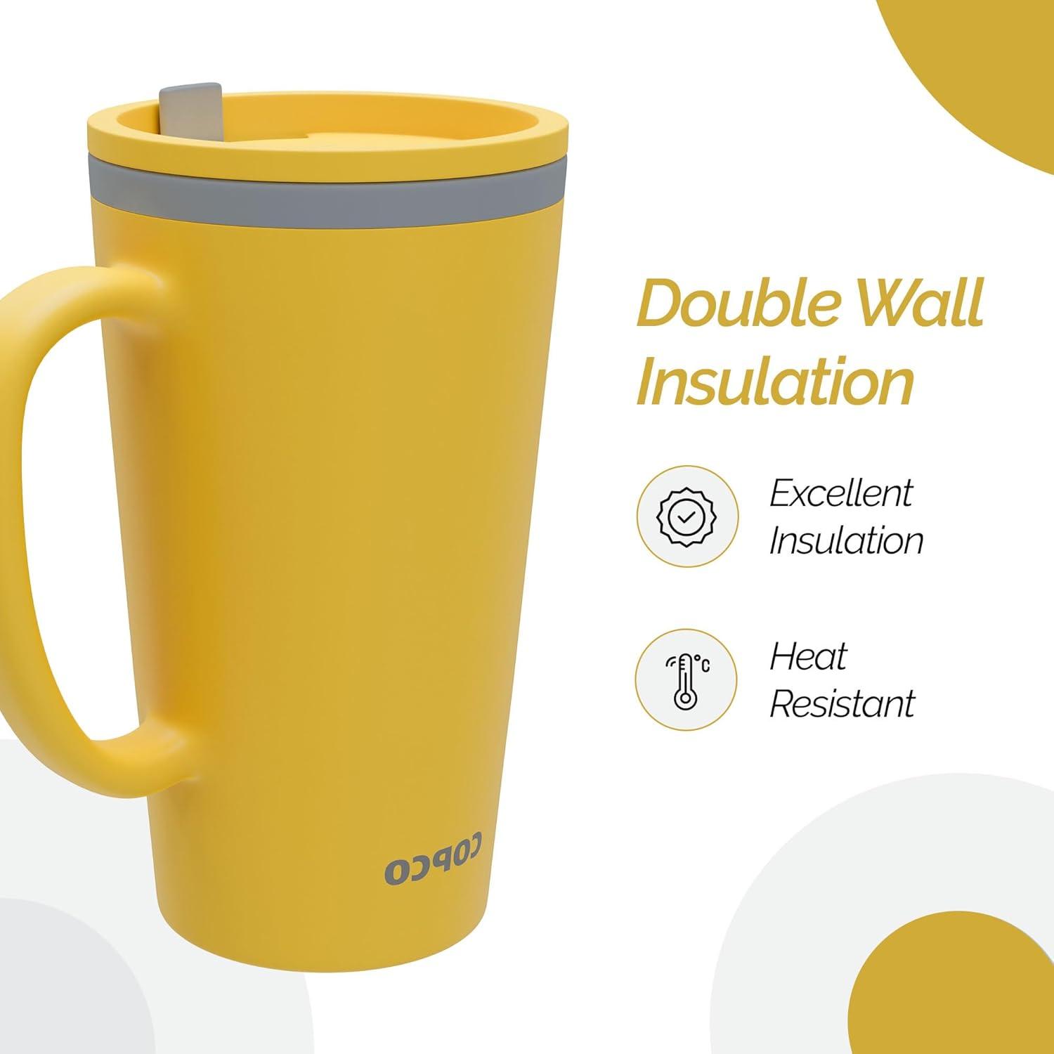 Copco Cone 16oz Insulated Travel Mug with Handle, Double Wall, Slide-Closure Lid, BPA-Free, Microwave & Dishwasher Safe, (Mustard)