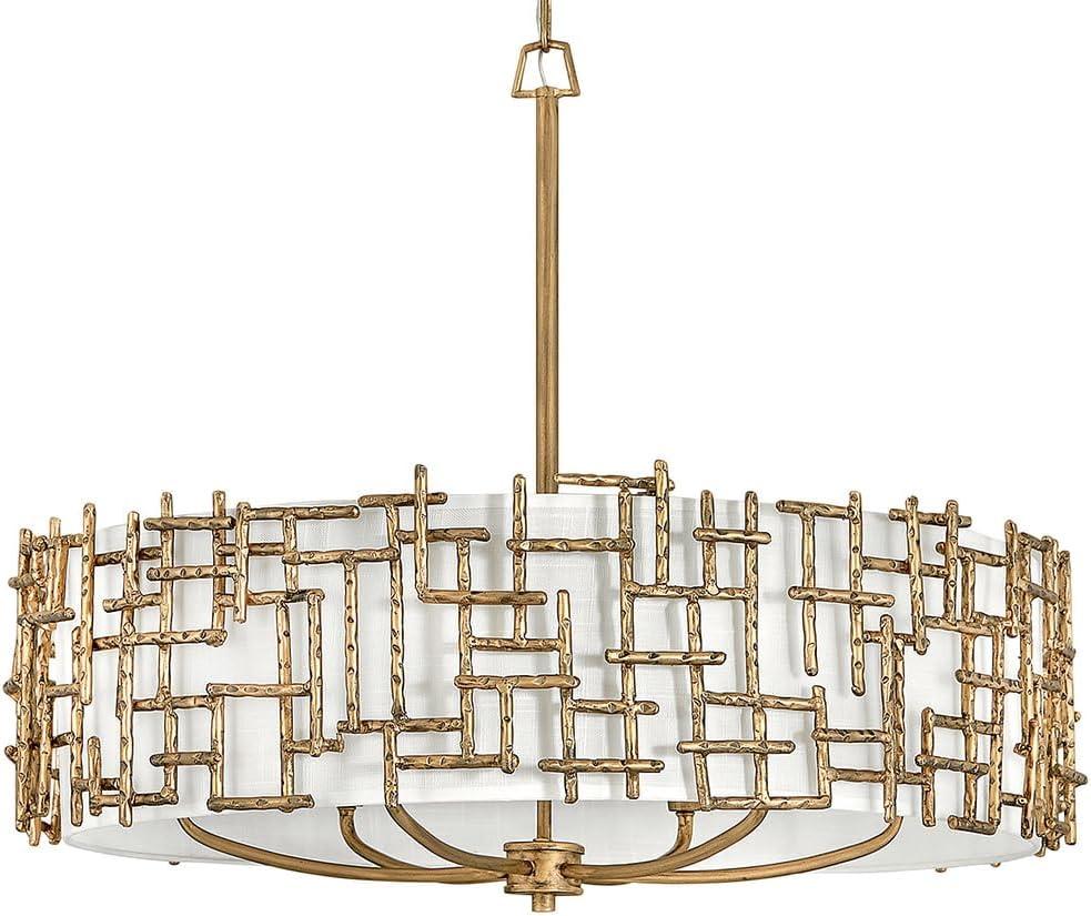 Farrah 6-Light White Linen Drum Chandelier w/ Hammered Crosshatch Bars