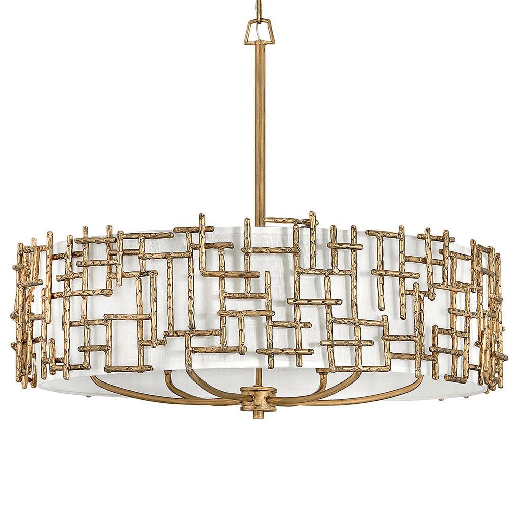 Farrah 6-Light White Linen Drum Chandelier w/ Hammered Crosshatch Bars