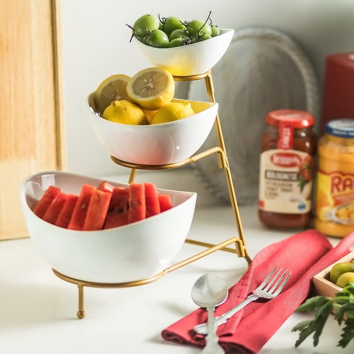 Gold 3-Tier Oval Ceramic Serving Bowl Set with Stand