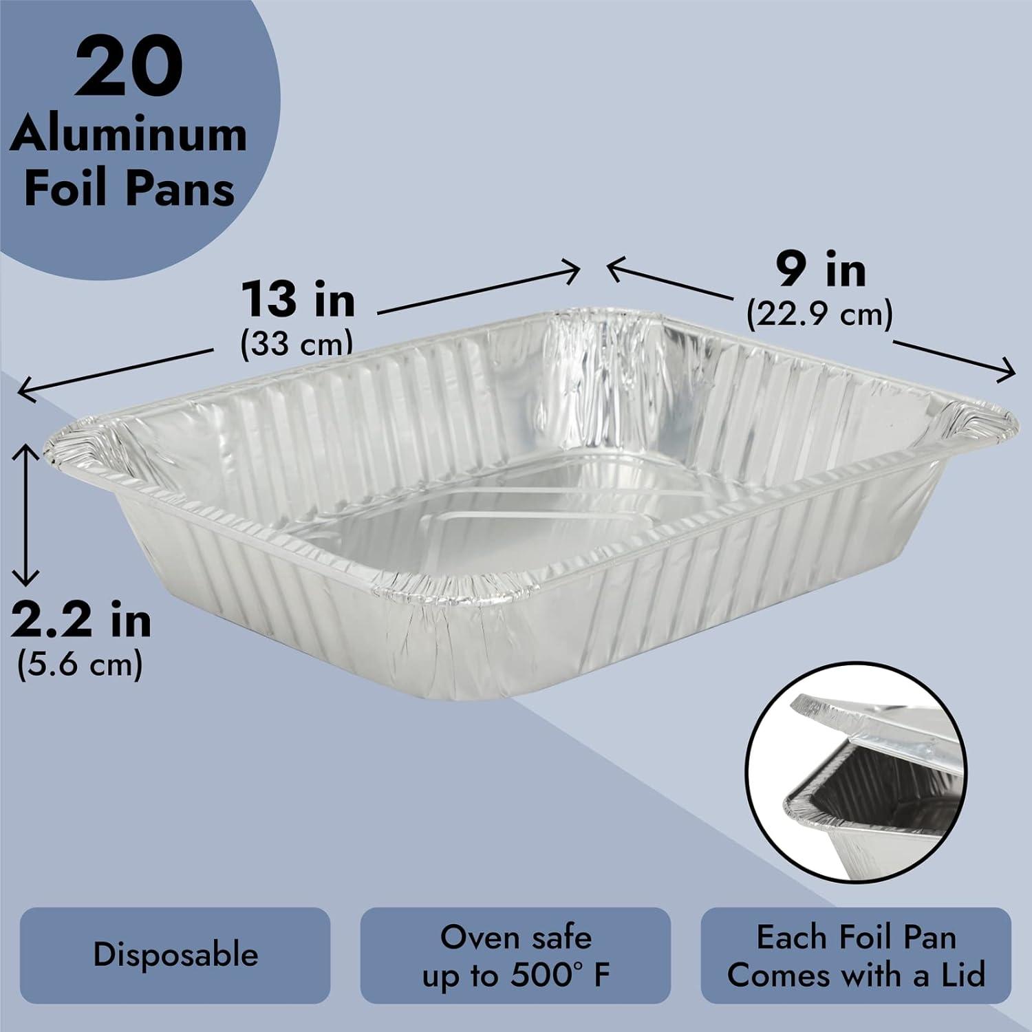 20 Pack Half Size Aluminum Pans with Lids, 9x13 Tin Food Storage Trays for Baking, Catering, Table, Food