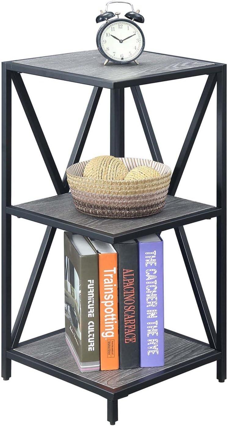 Convenience Concepts Tucson Black Metal Three-Tier Corner Bookcase in Gray Wood