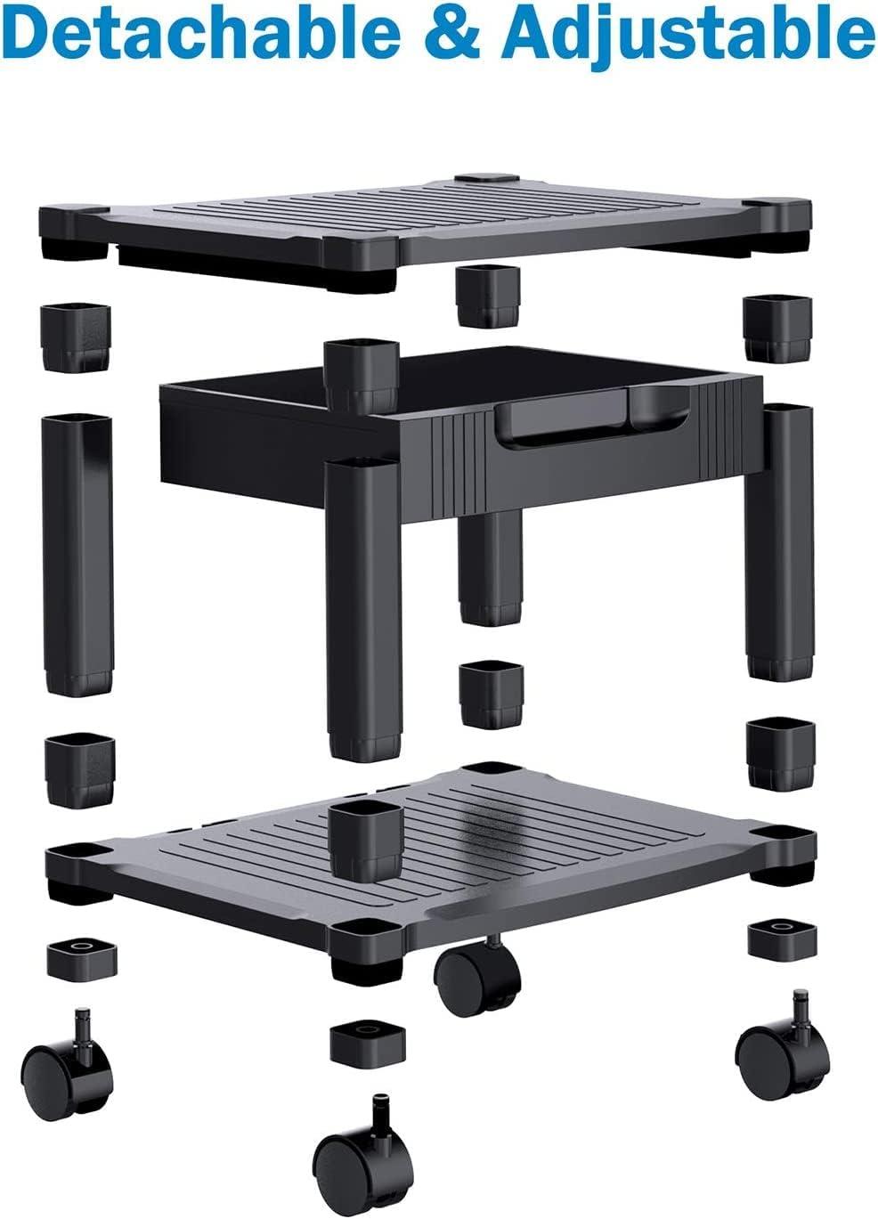 Black Adjustable Printer Stand with Storage Drawer and Wheels