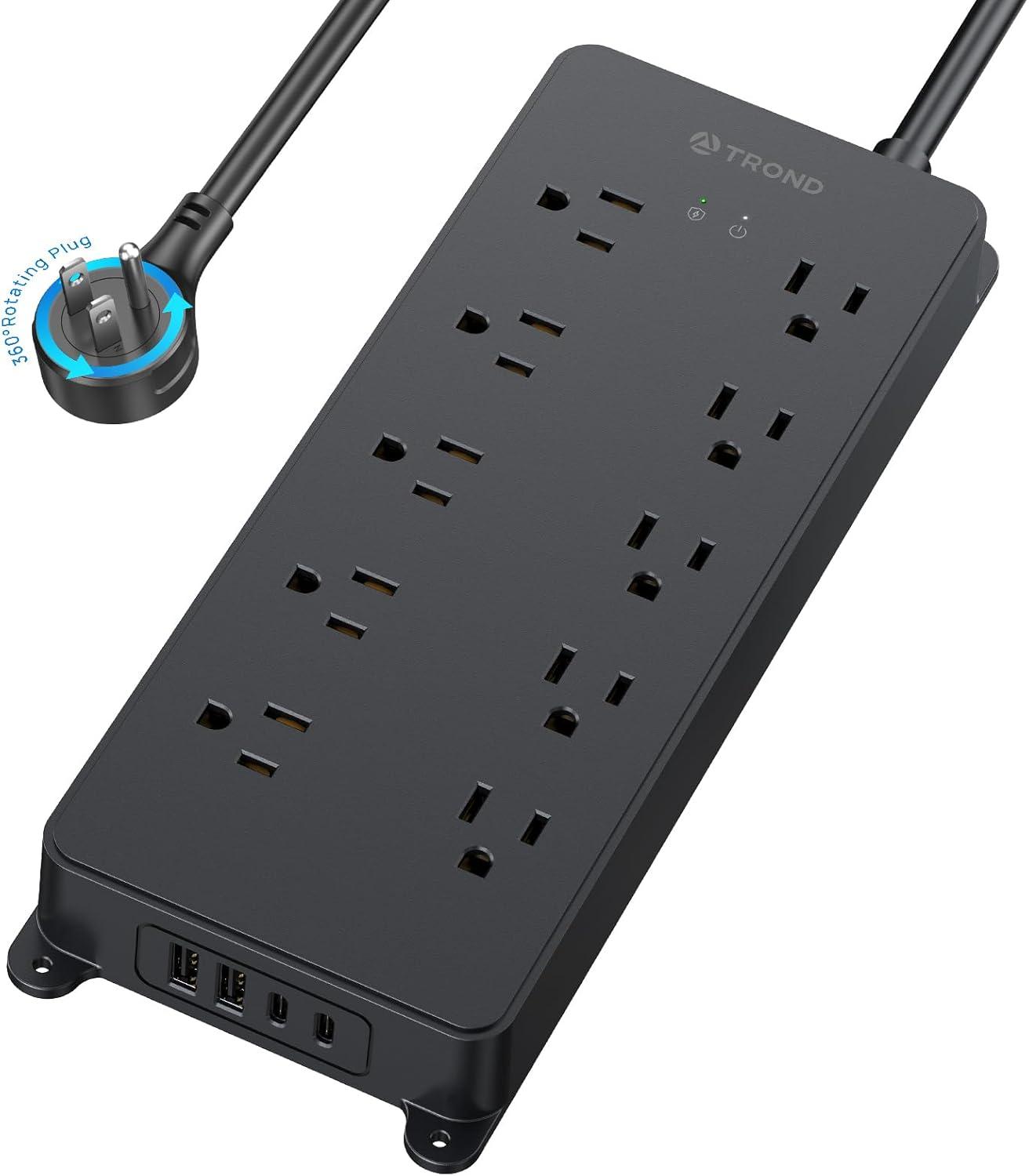 TROND Power Strip Surge Protector, 4000J, ETL Listed, 15A, 10 Widely Spaced Outlets with 4 USB Ports, Flat Plug 5ft Extension Cord, Wall Mountable, 14AWG Heavy Duty, for Home Office Garage, Black